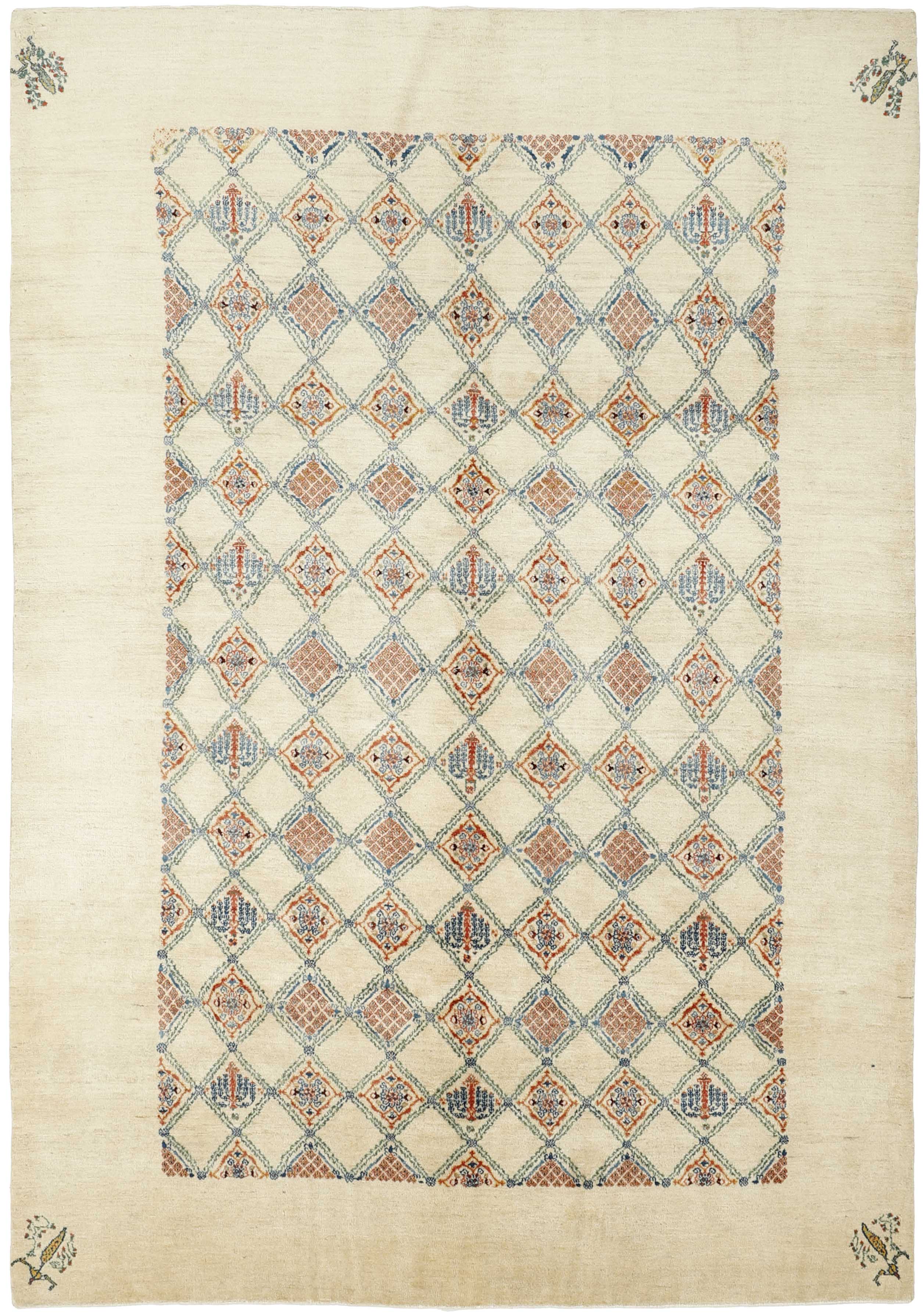 beige Persian rug with tribal geometric design
