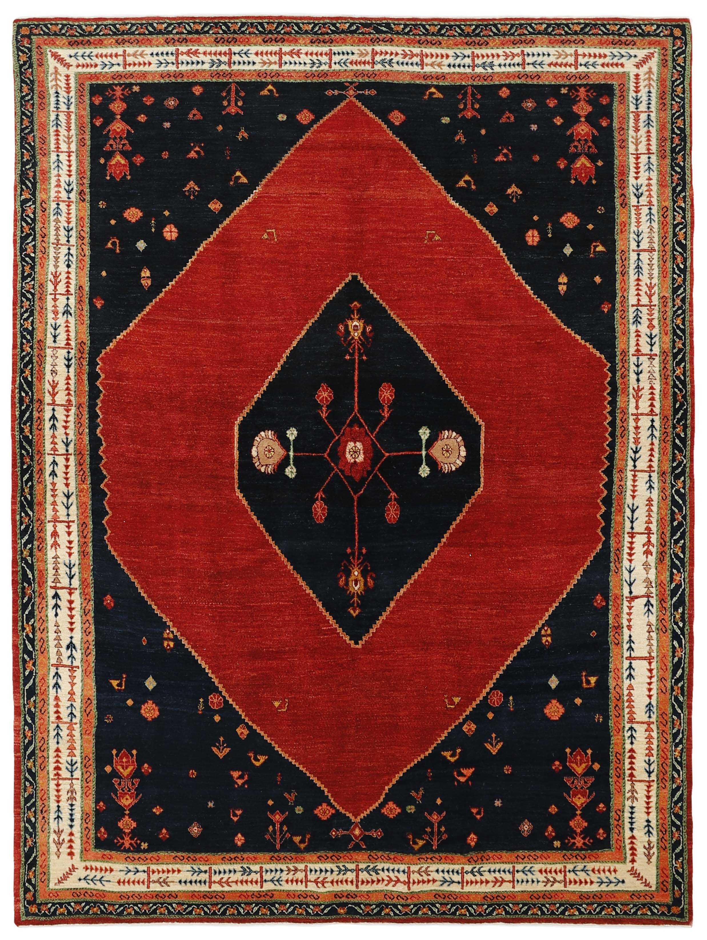 red Persian rug with tribal geometric design