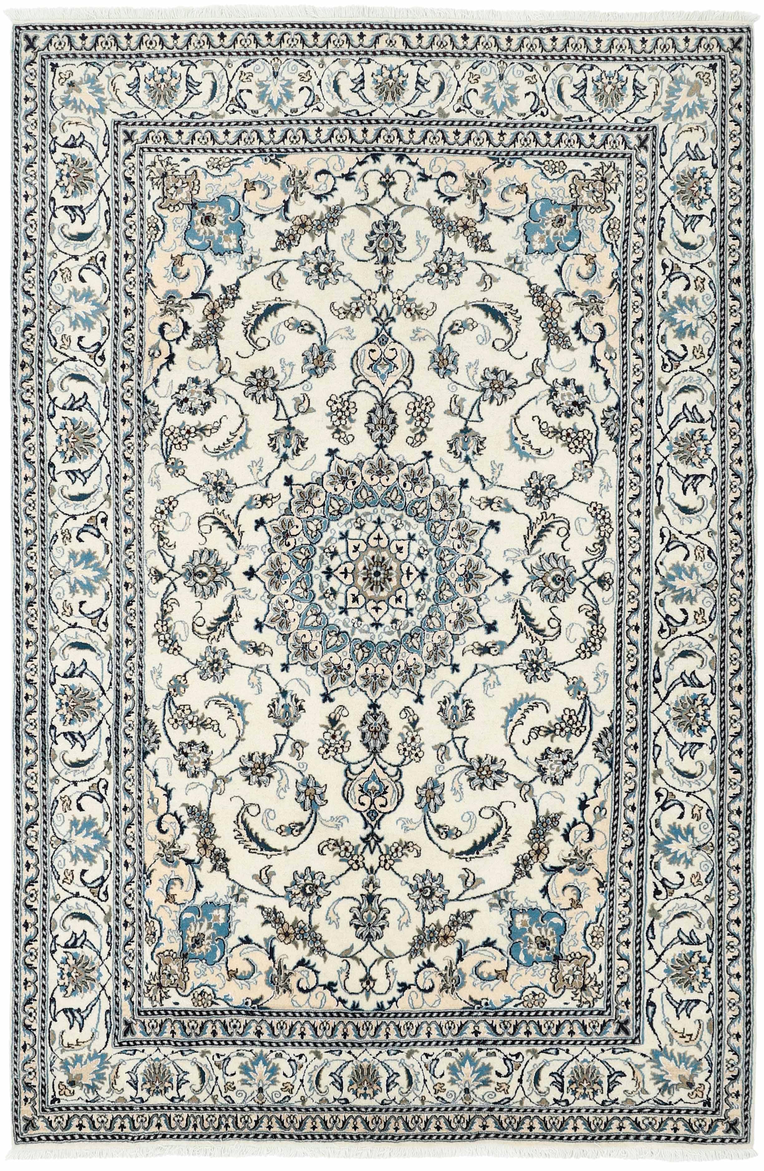 Authentic persian rug with a traditional floral design in cream and blue