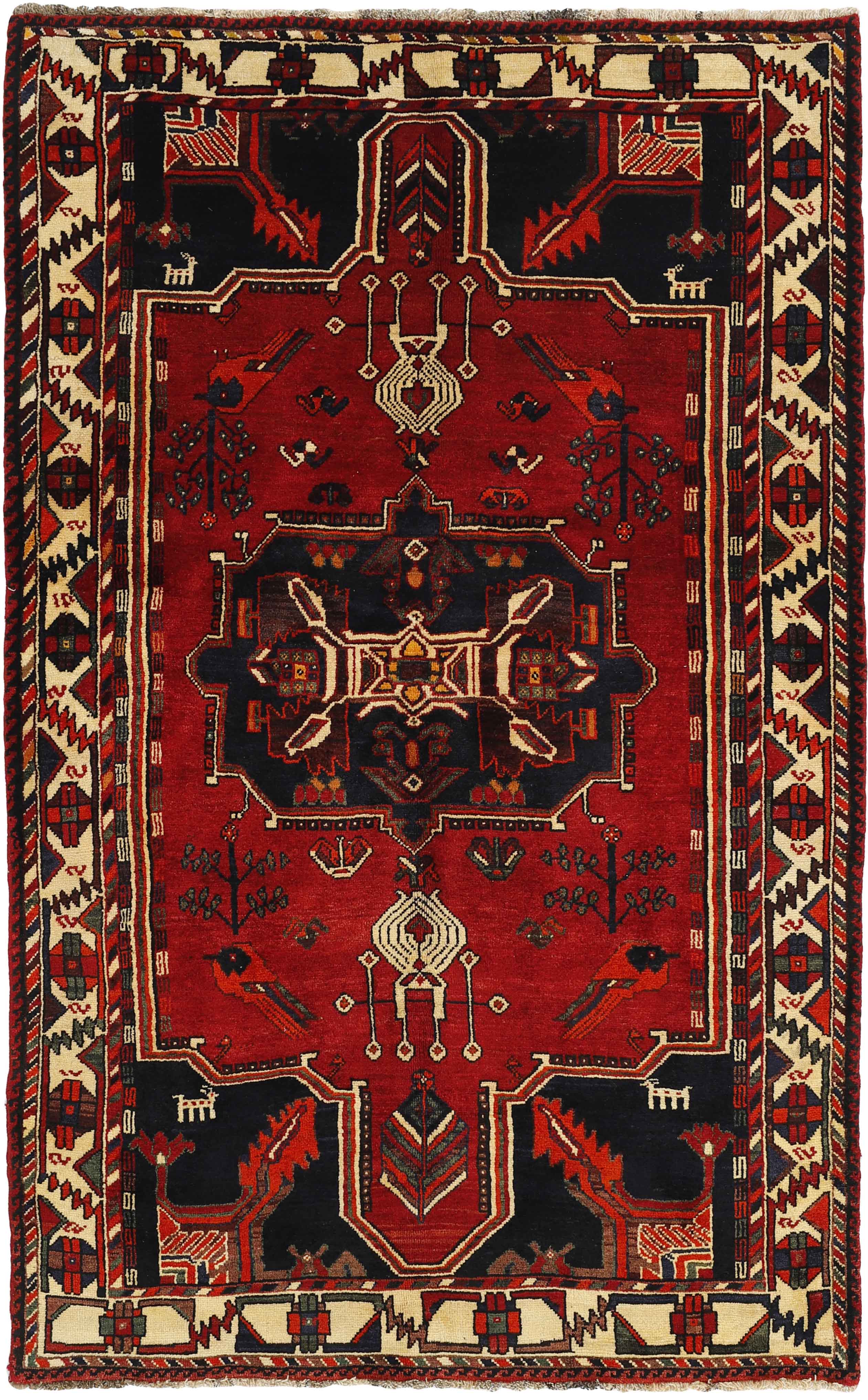 Authentic persian rug with a traditional tribal geometric pattern in red, black and beige