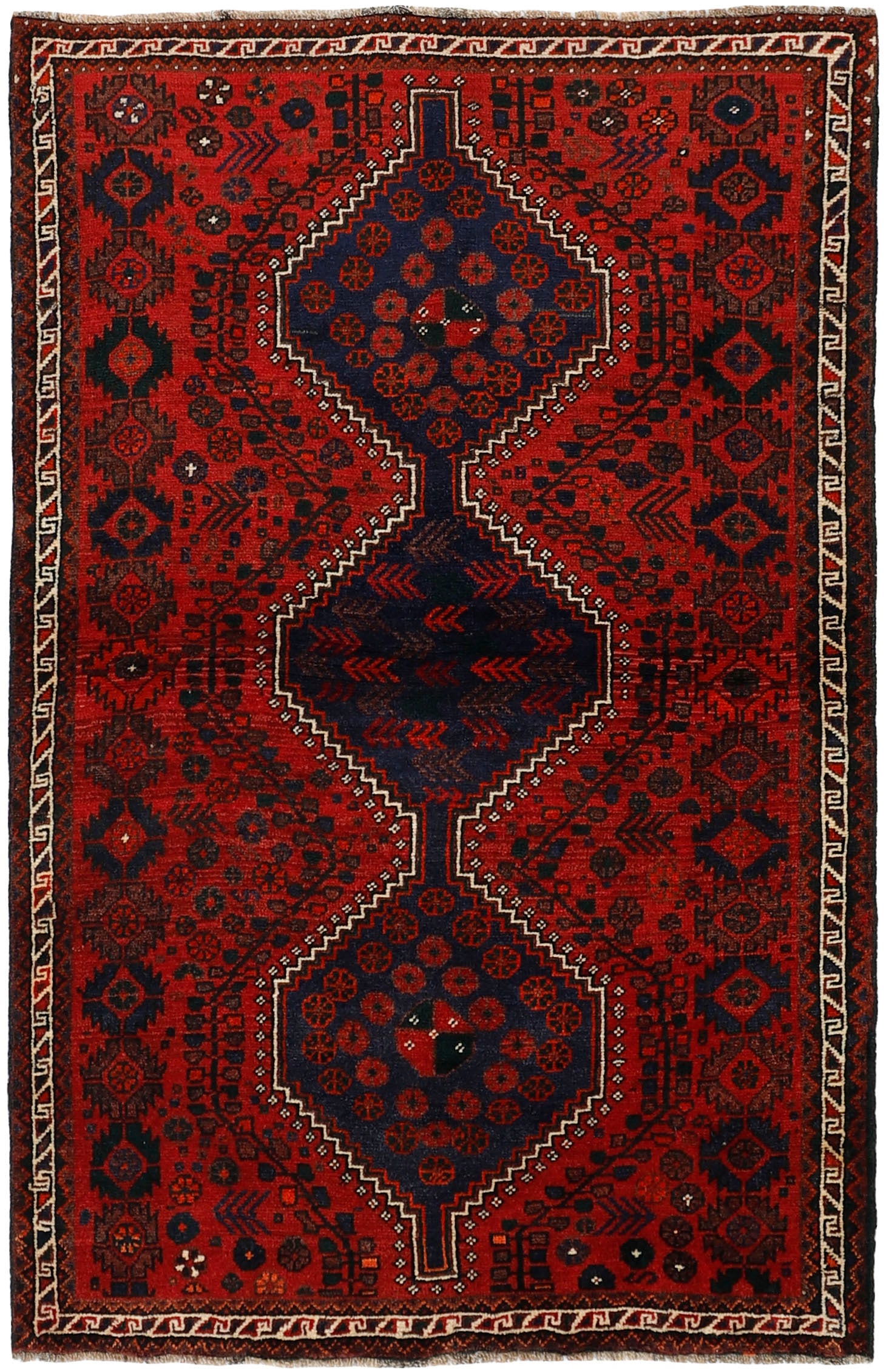 Authentic persian rug with a traditional tribal geometric pattern in red, black and beige