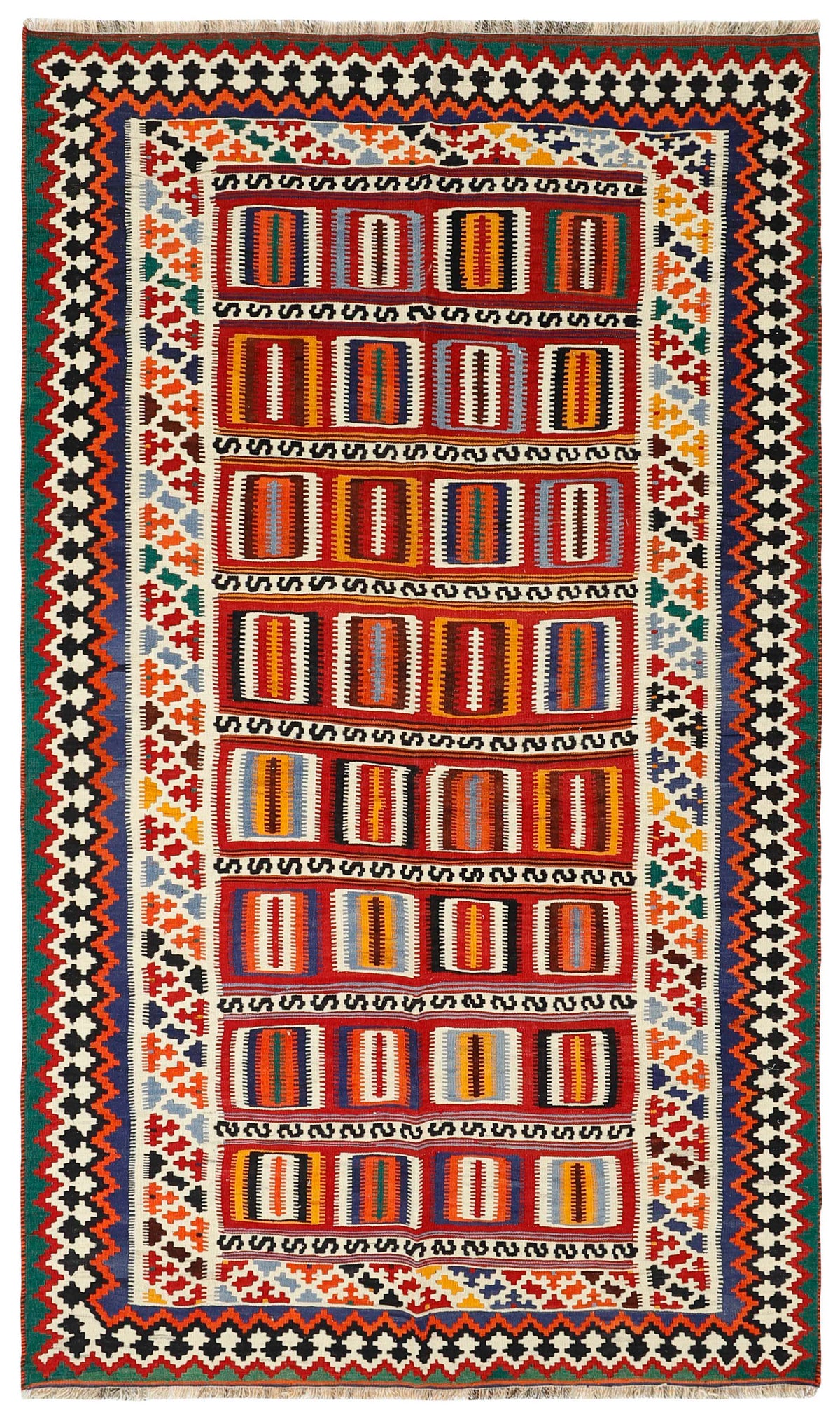 Authentic persian kelim flatweave rug with traditional stripe design in red, blue and black
