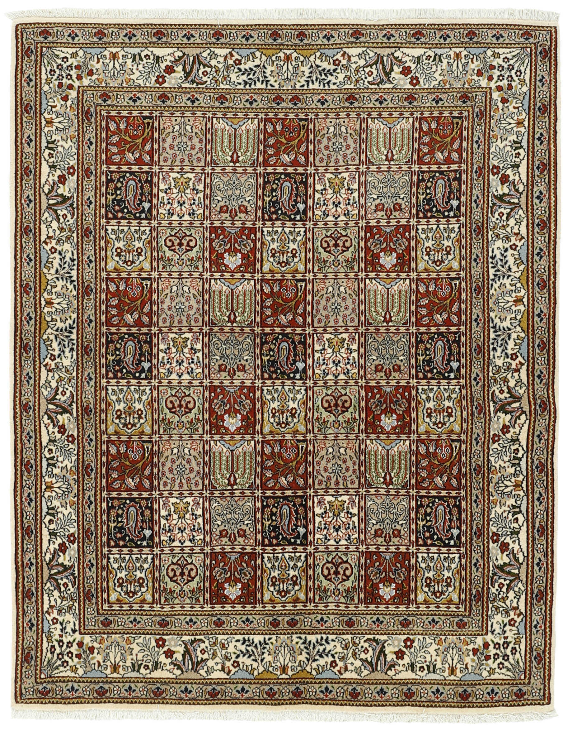 authentic persian rug with floral pattern in beige, blue and red