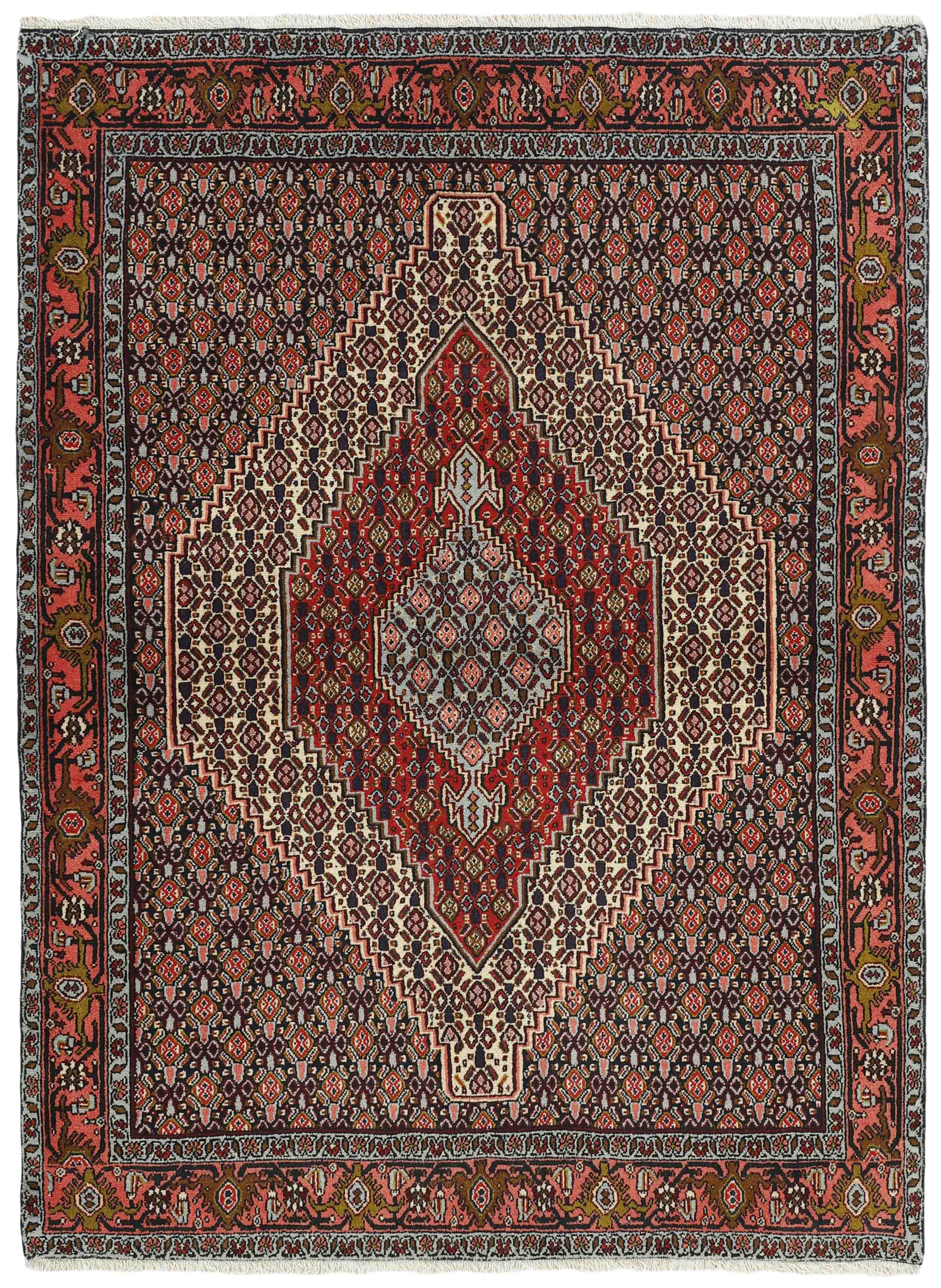 authentic persian rug with a traditional geometric design in red