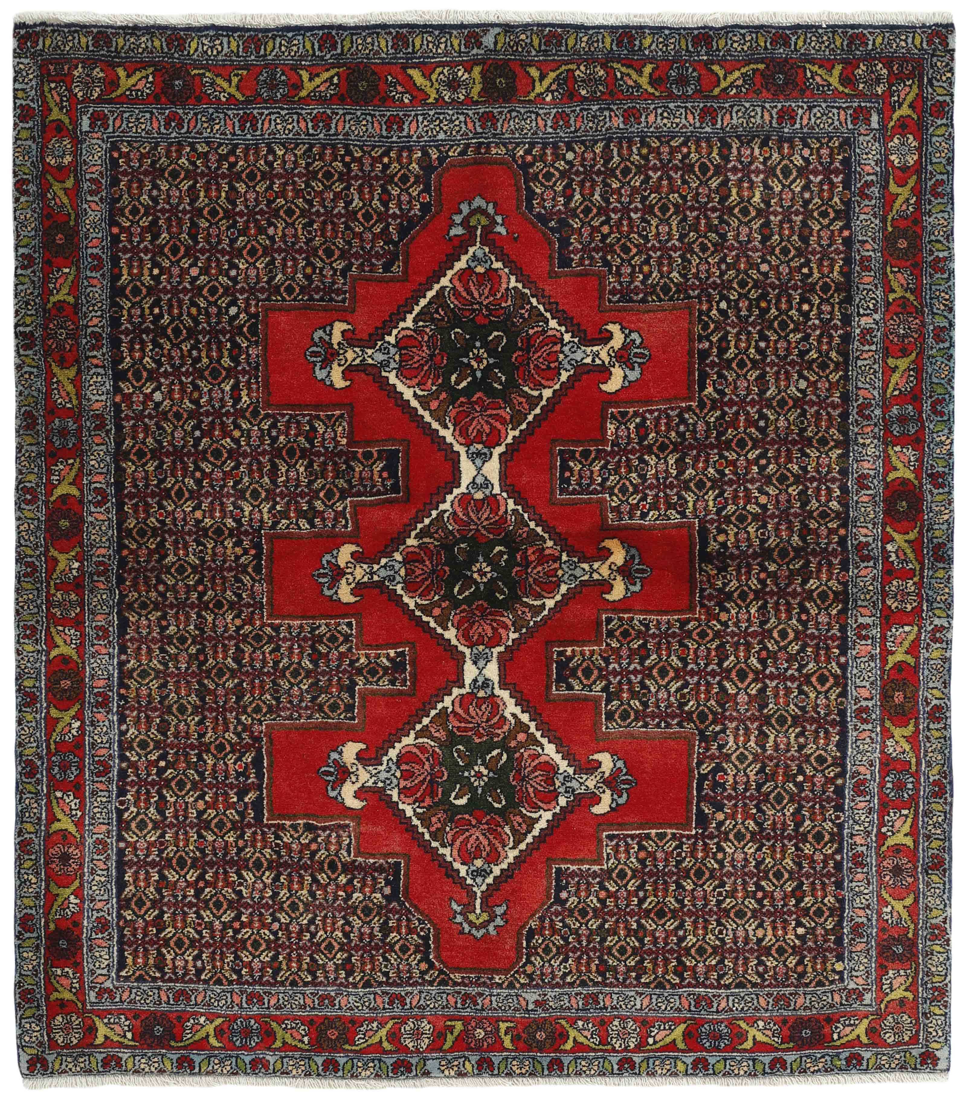 authentic persian rug with a traditional geometric design in red