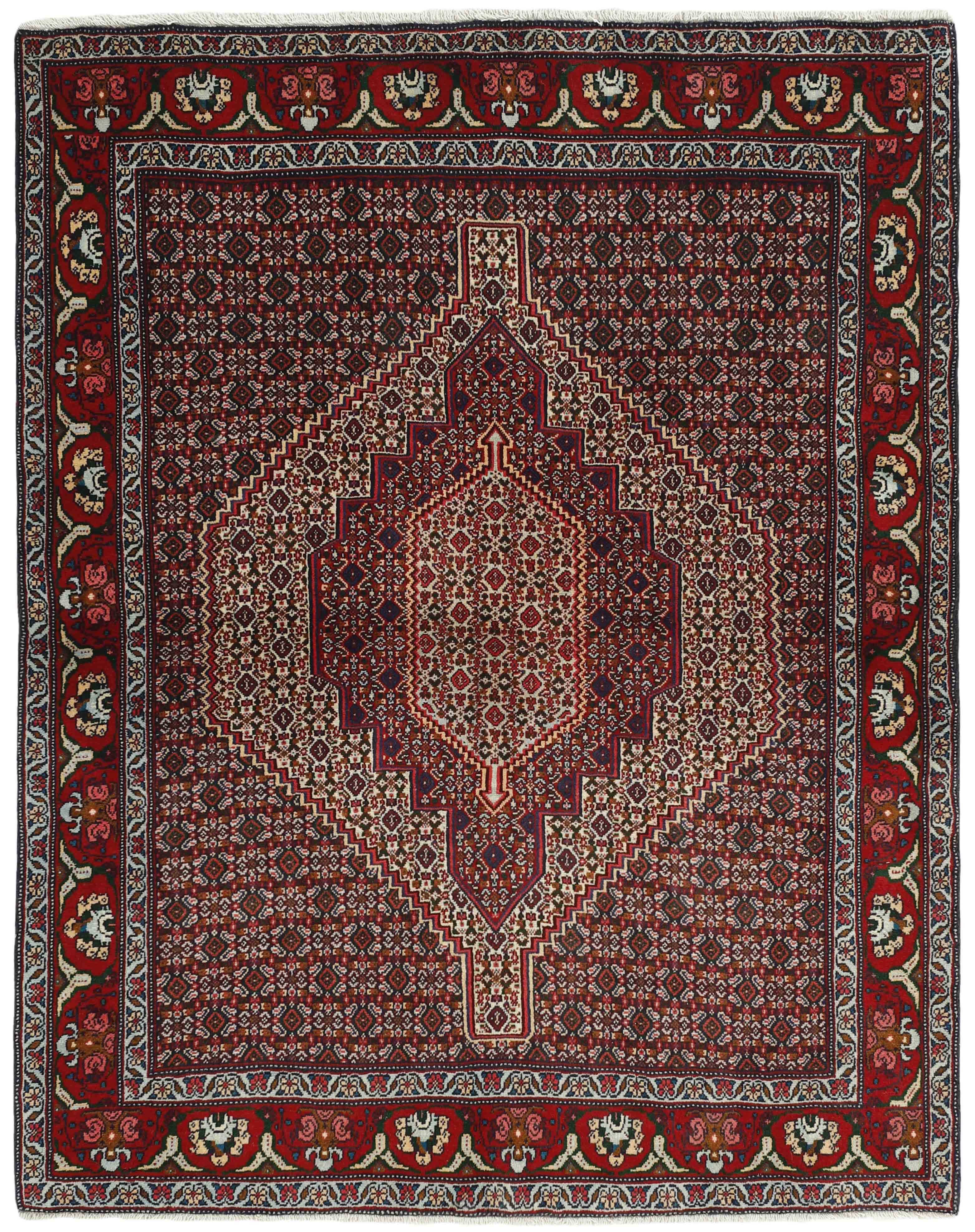 authentic persian rug with a traditional geometric design in red