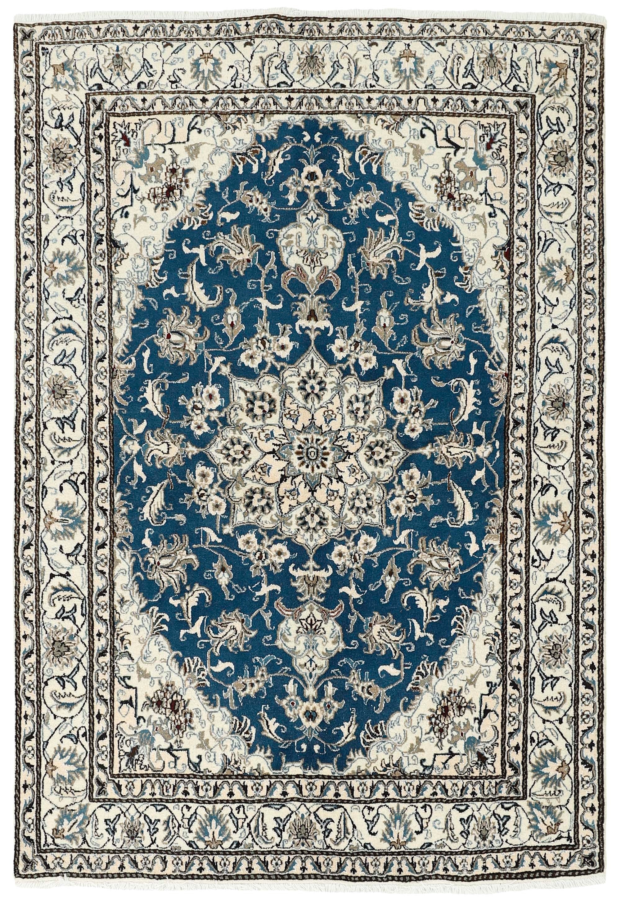 Authentic persian rug with a traditional floral design in cream and blue