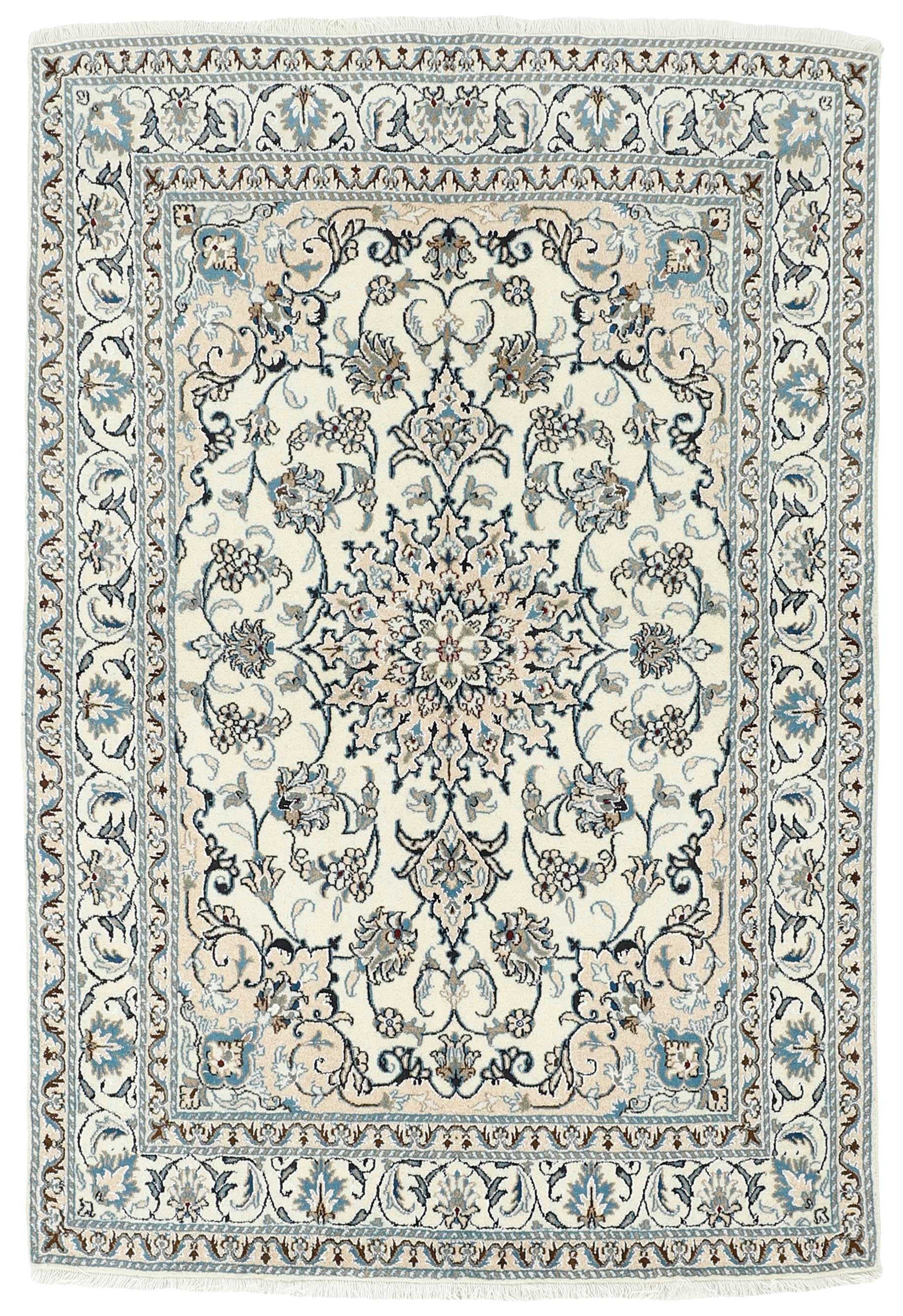 Authentic persian rug with a traditional floral design in cream and blue
