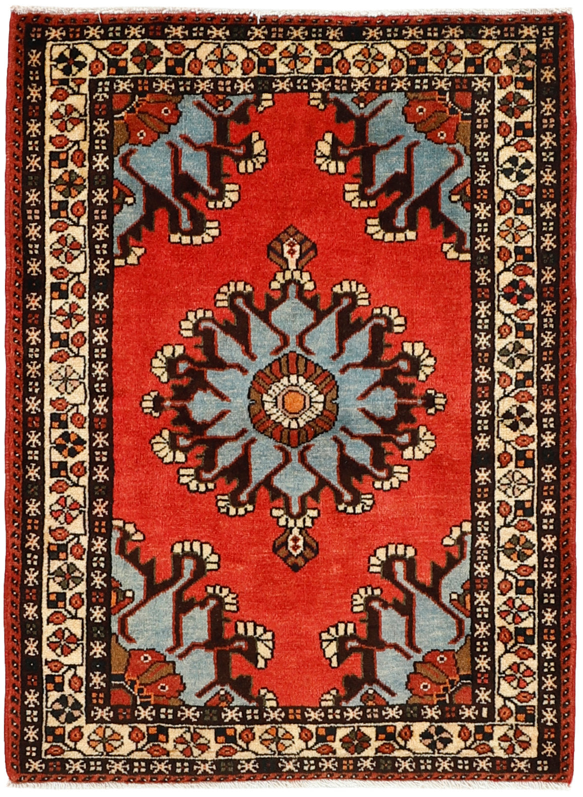 Authentic persian rug with tribal geometric design in red, blue and beige