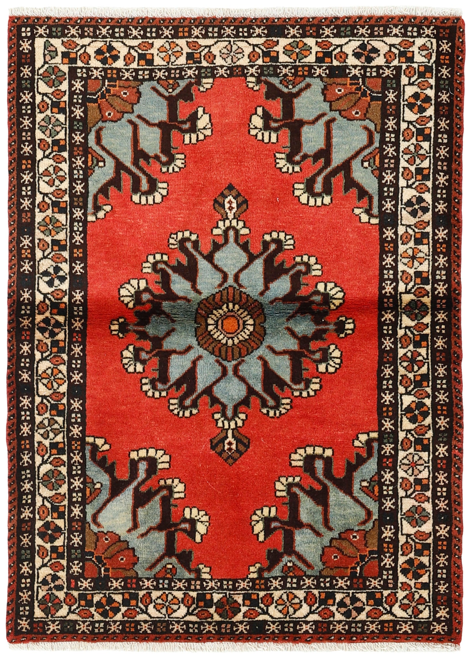 Authentic persian rug with tribal geometric design in red, blue and beige