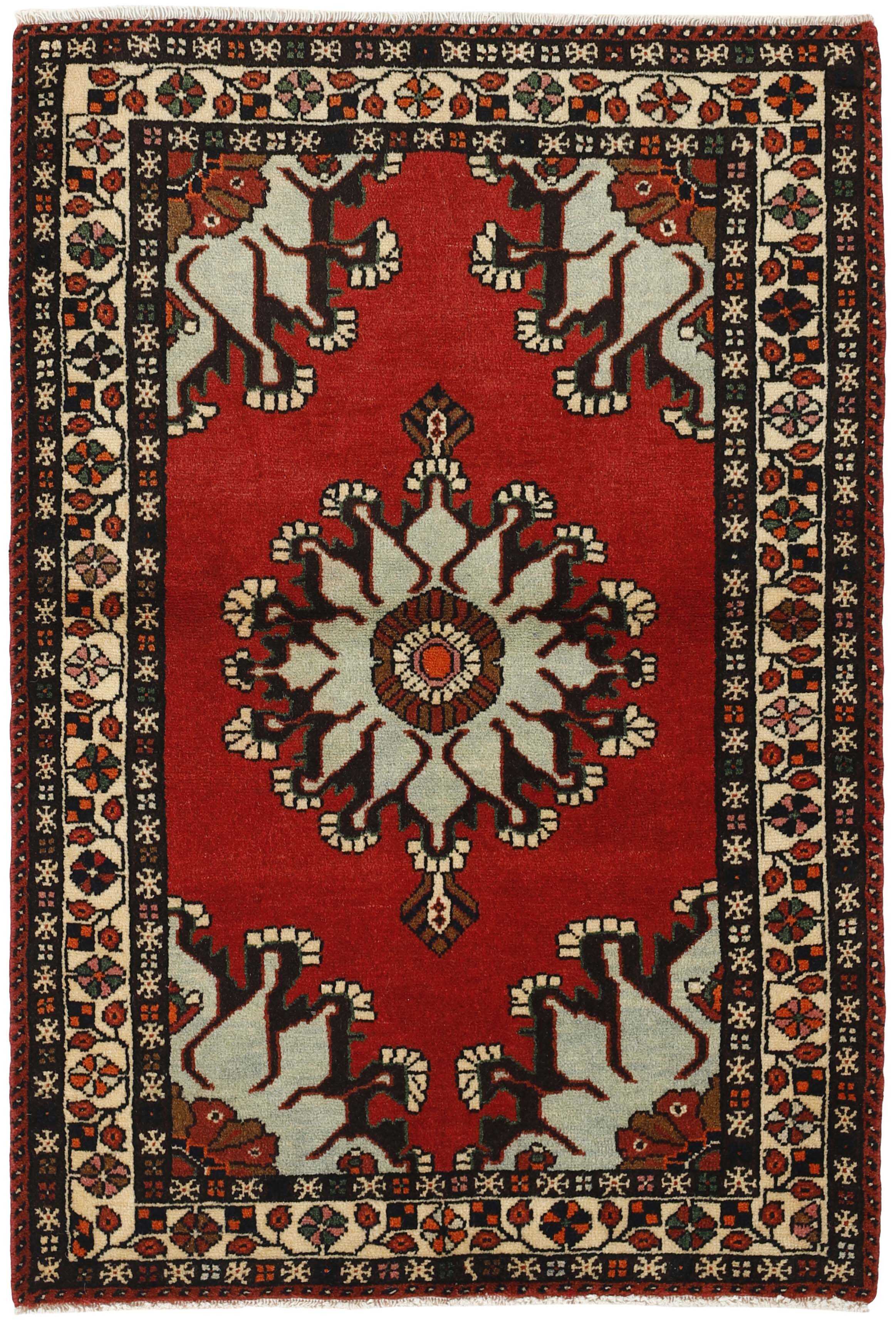 Authentic persian rug with tribal geometric design in red, blue and beige