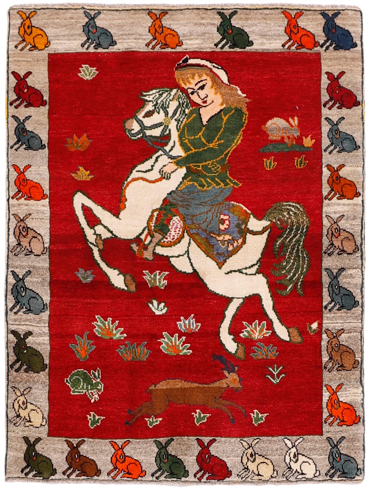 red persian rug with figural design