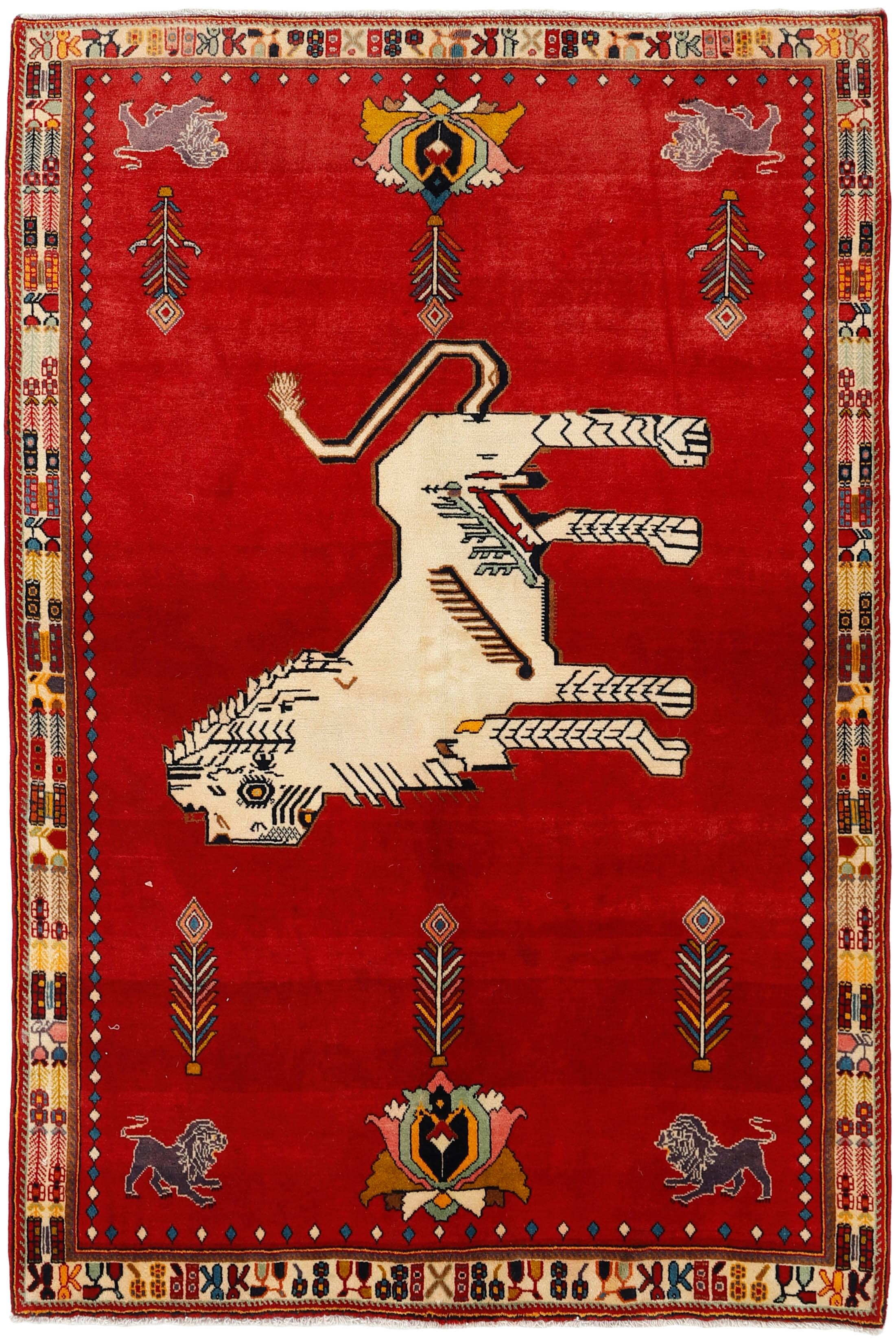 red persian rug with figural design