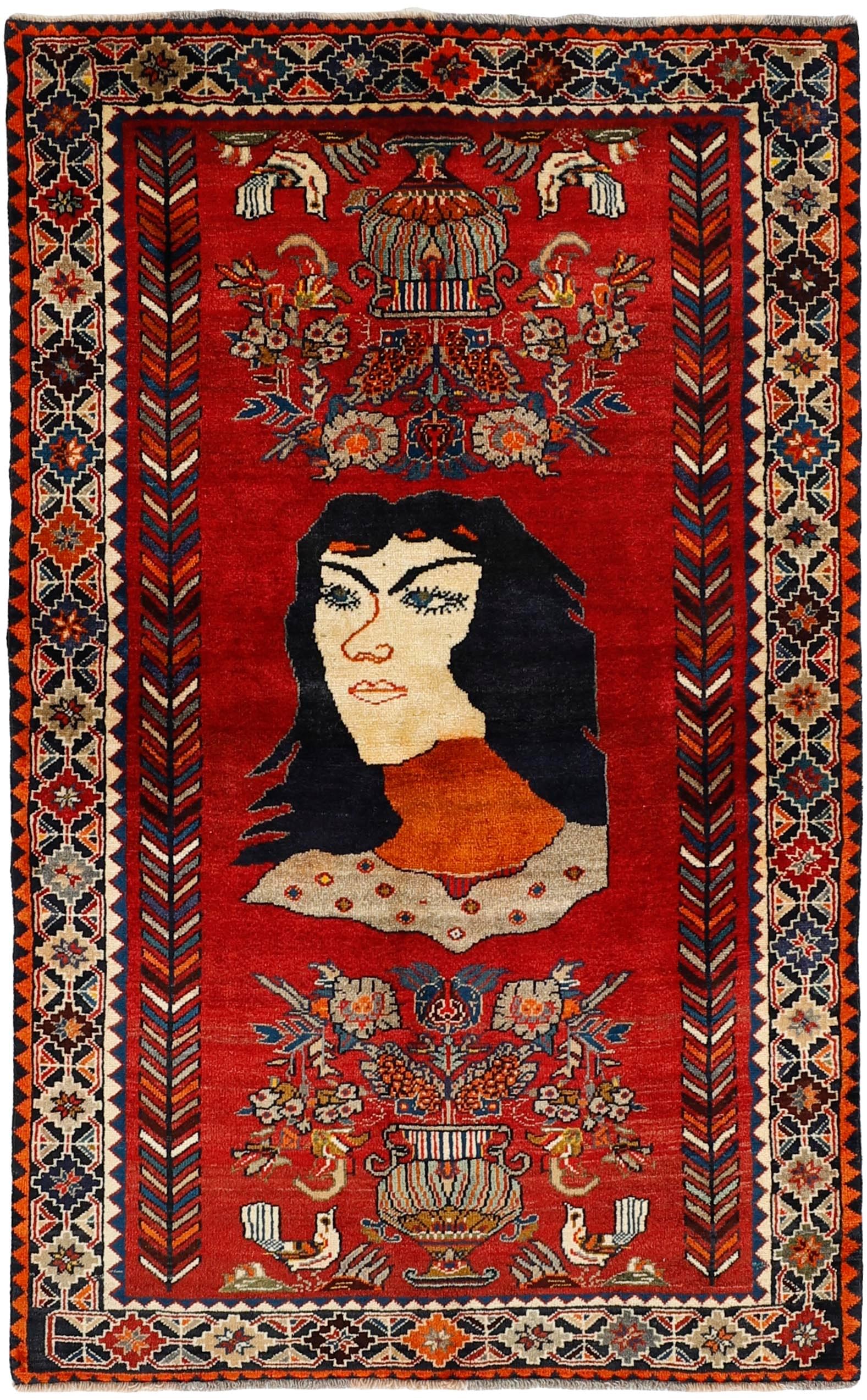 red persian rug with figural design