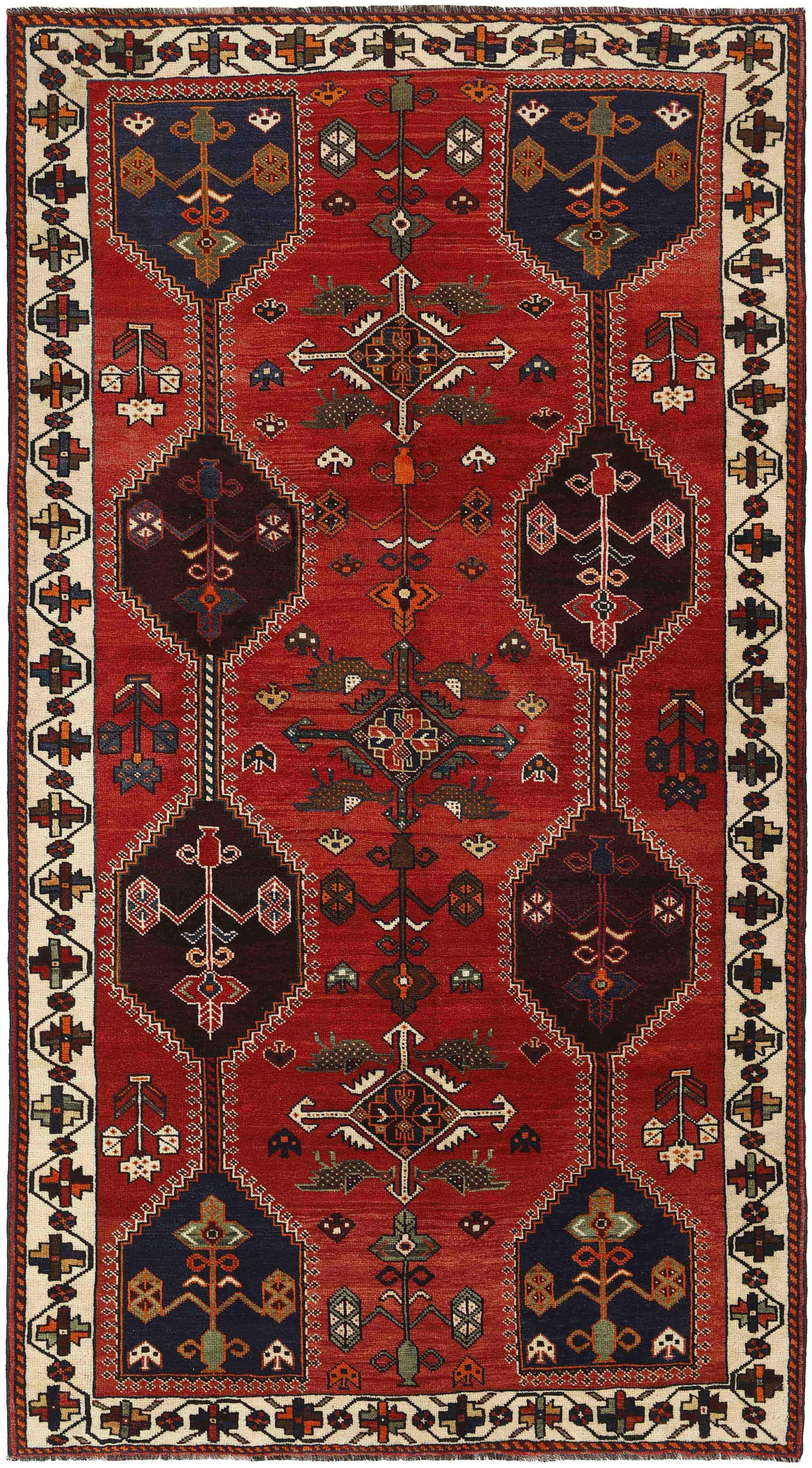 Authentic persian rug with a traditional tribal geometric pattern in red, beige and black