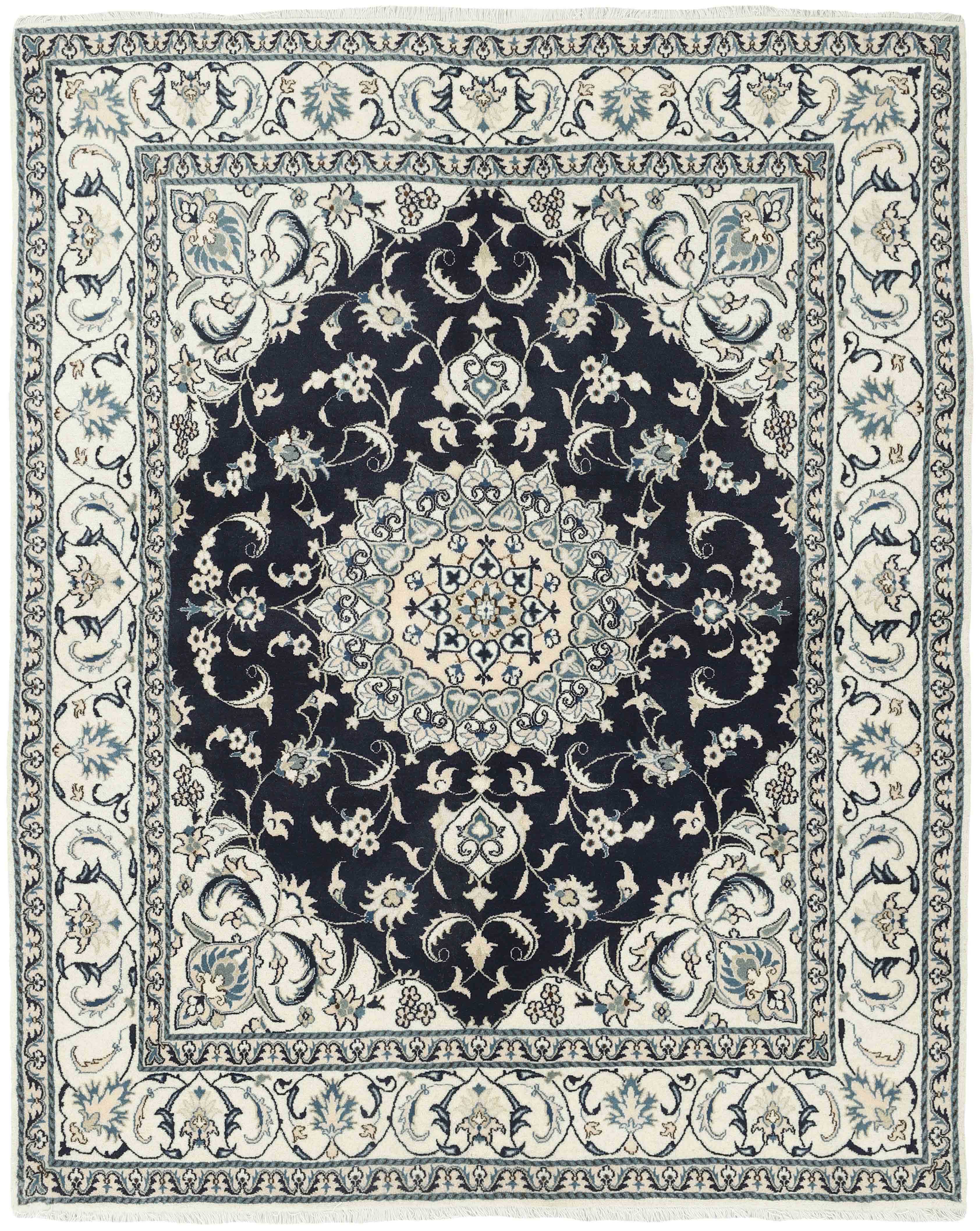 Authentic persian rug with a traditional floral design in cream and blue