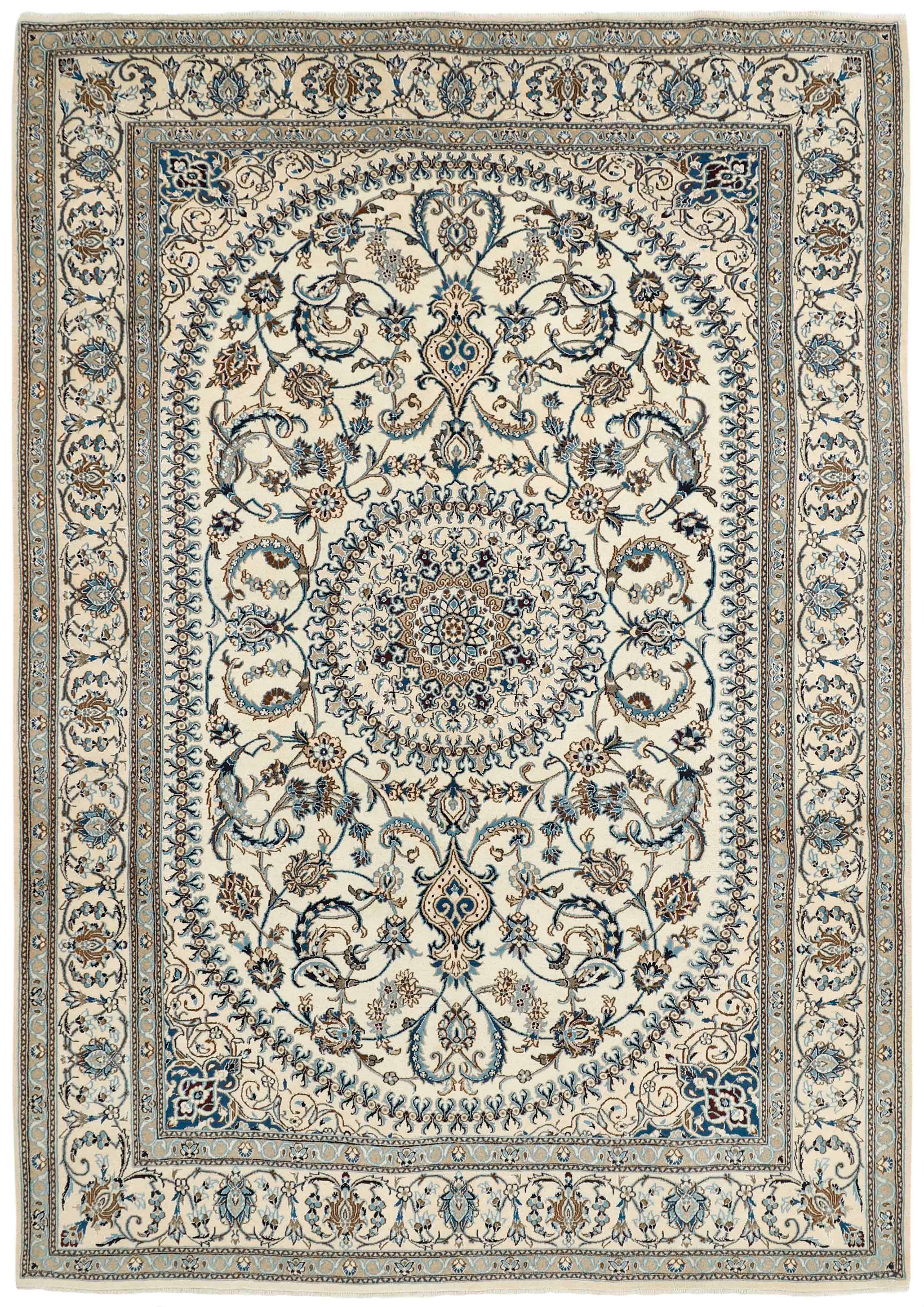 Authentic persian rug with a traditional floral design in beige and blue