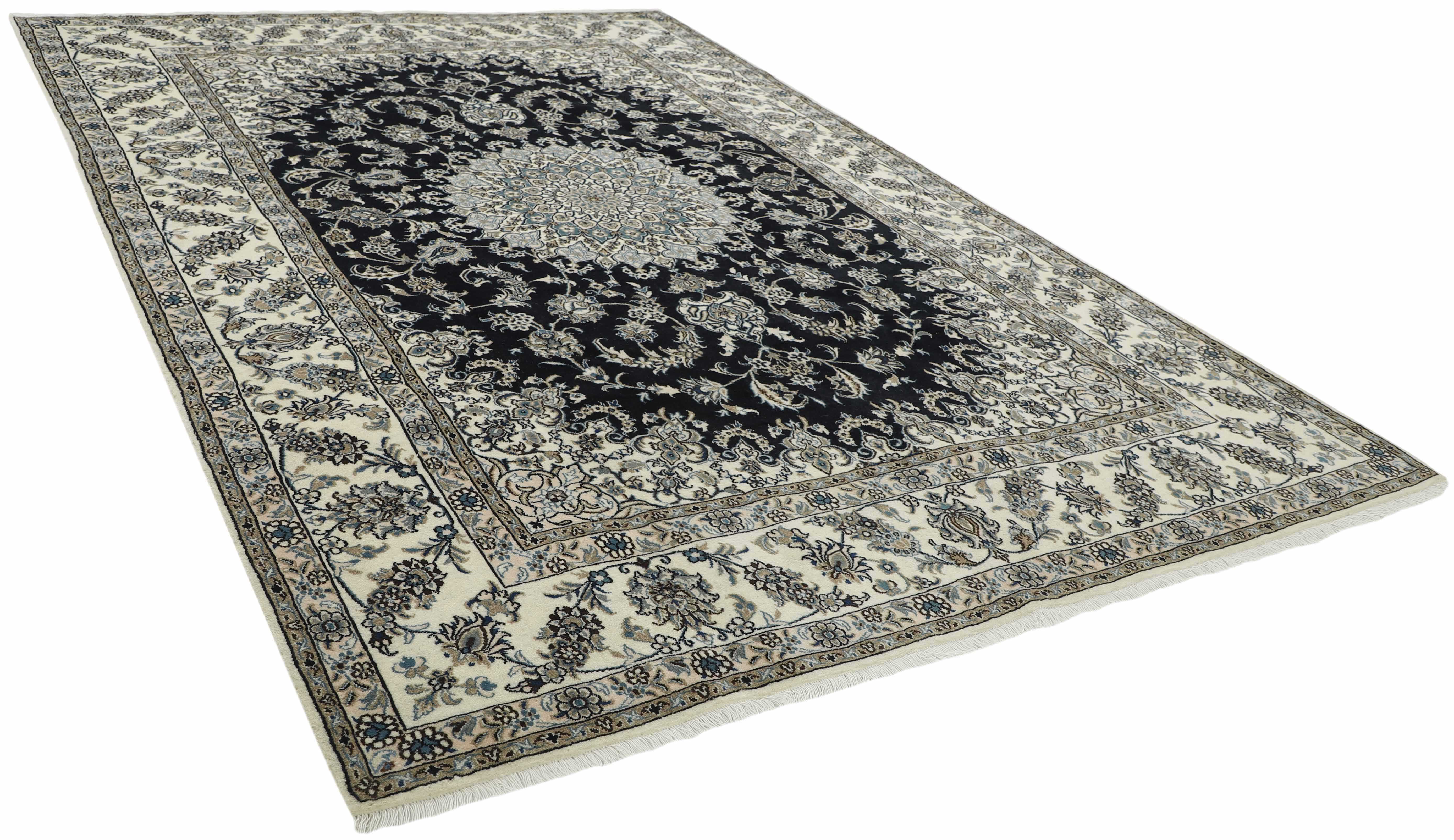 Authentic persian rug with a traditional floral design in beige and blue