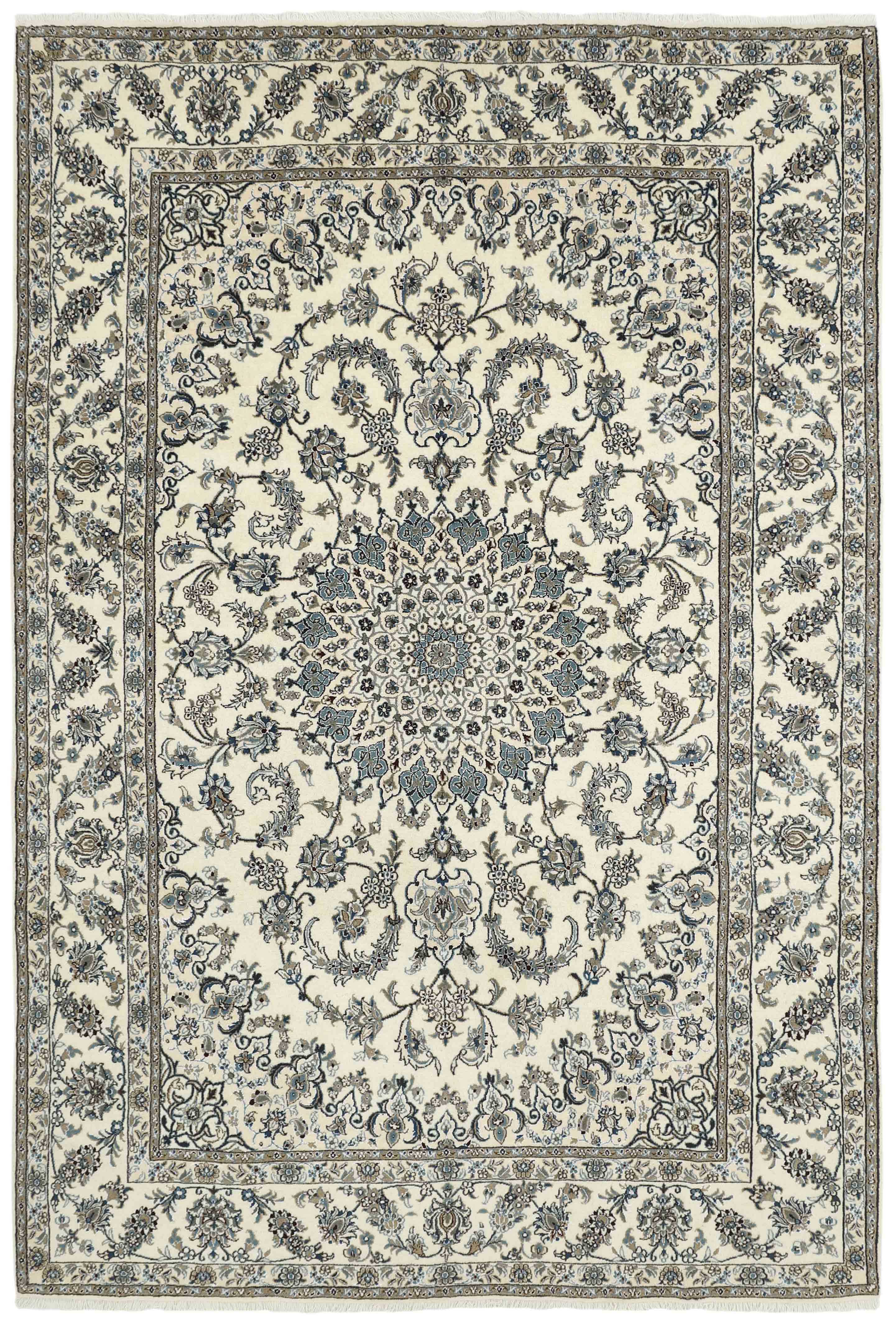 Authentic persian rug with a traditional floral design in beige and blue