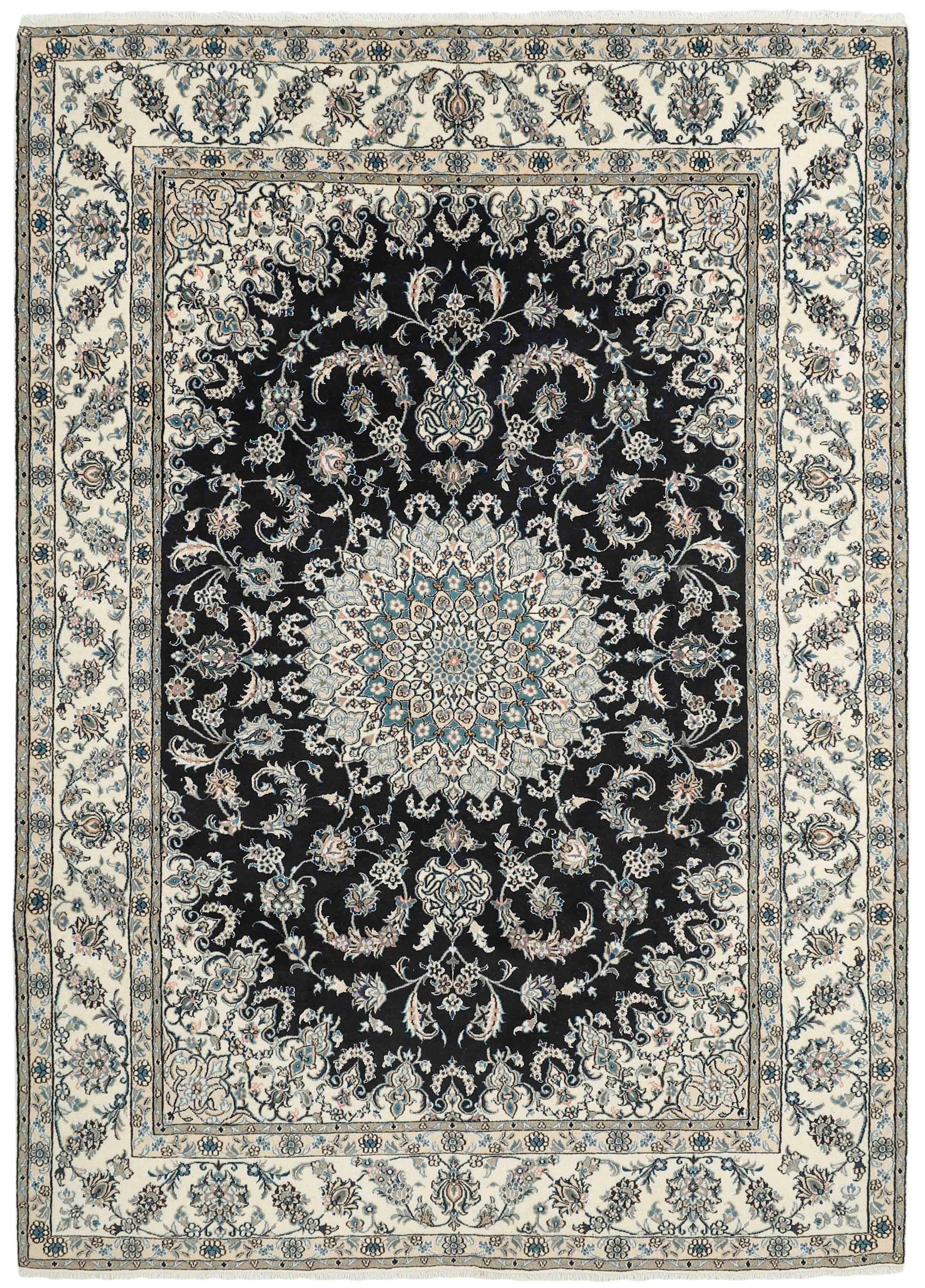 Authentic persian rug with a traditional floral design in cream, blue and black