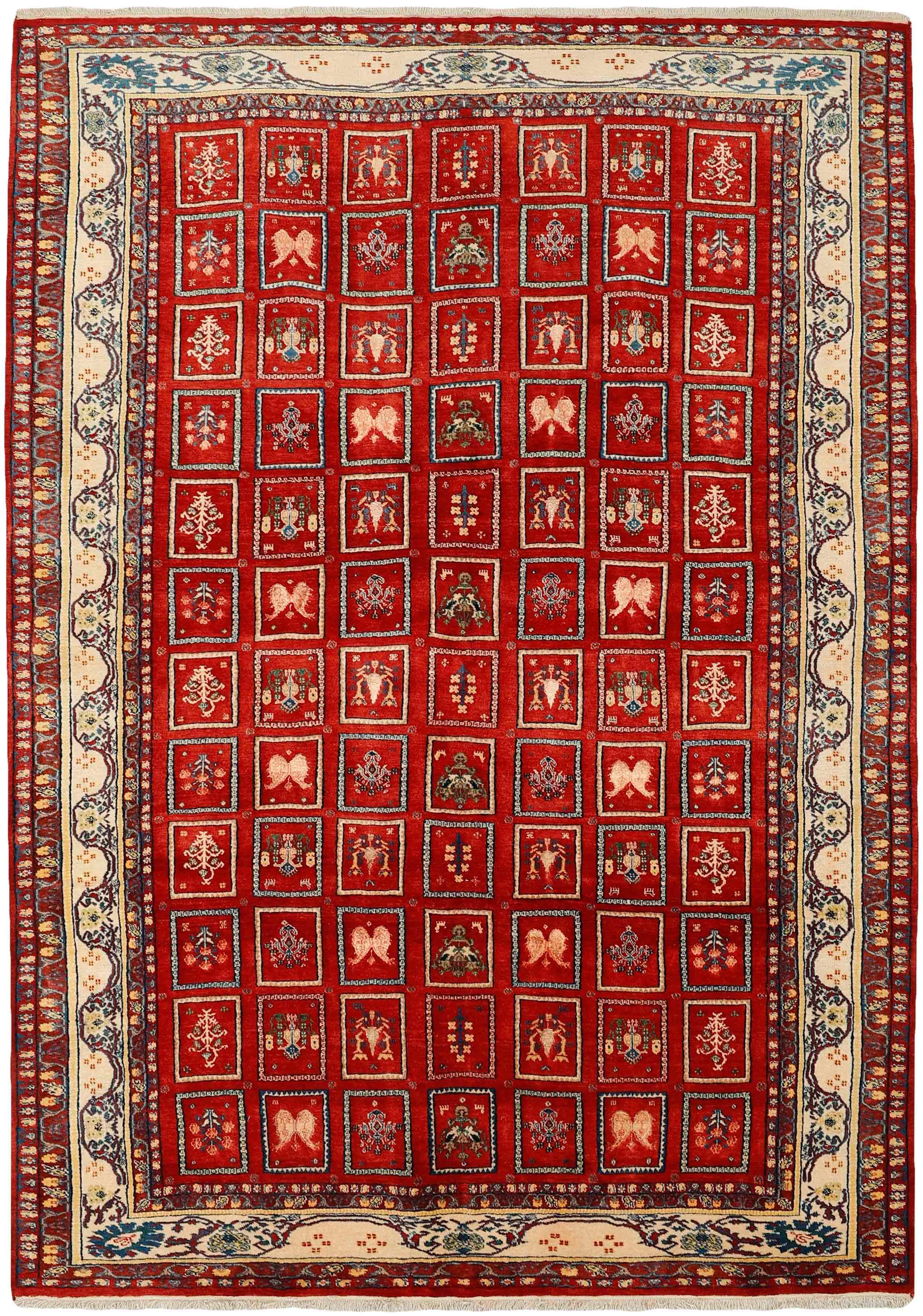 Red Persian rug with tribal geometric design