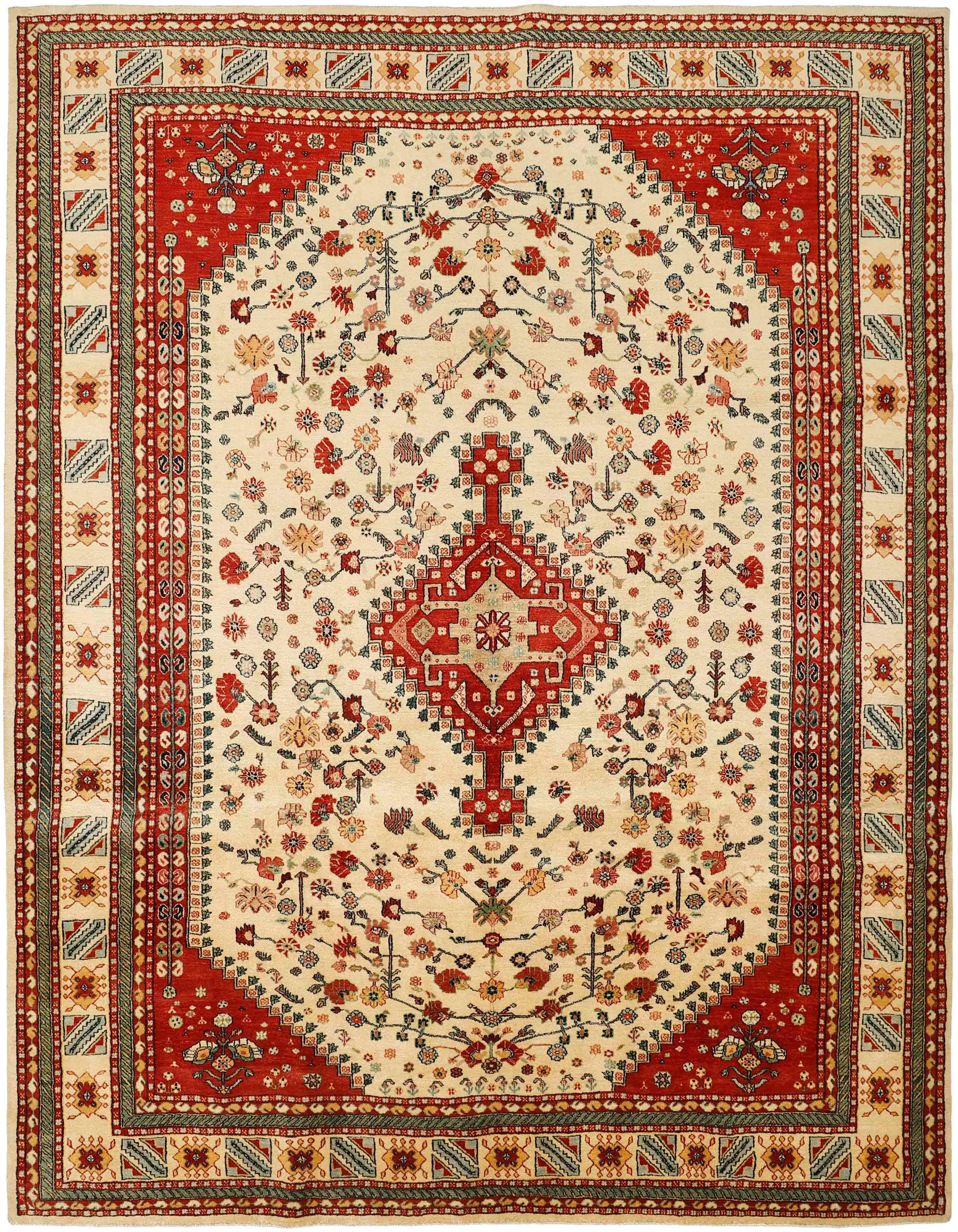 Red Persian rug with tribal geometric design