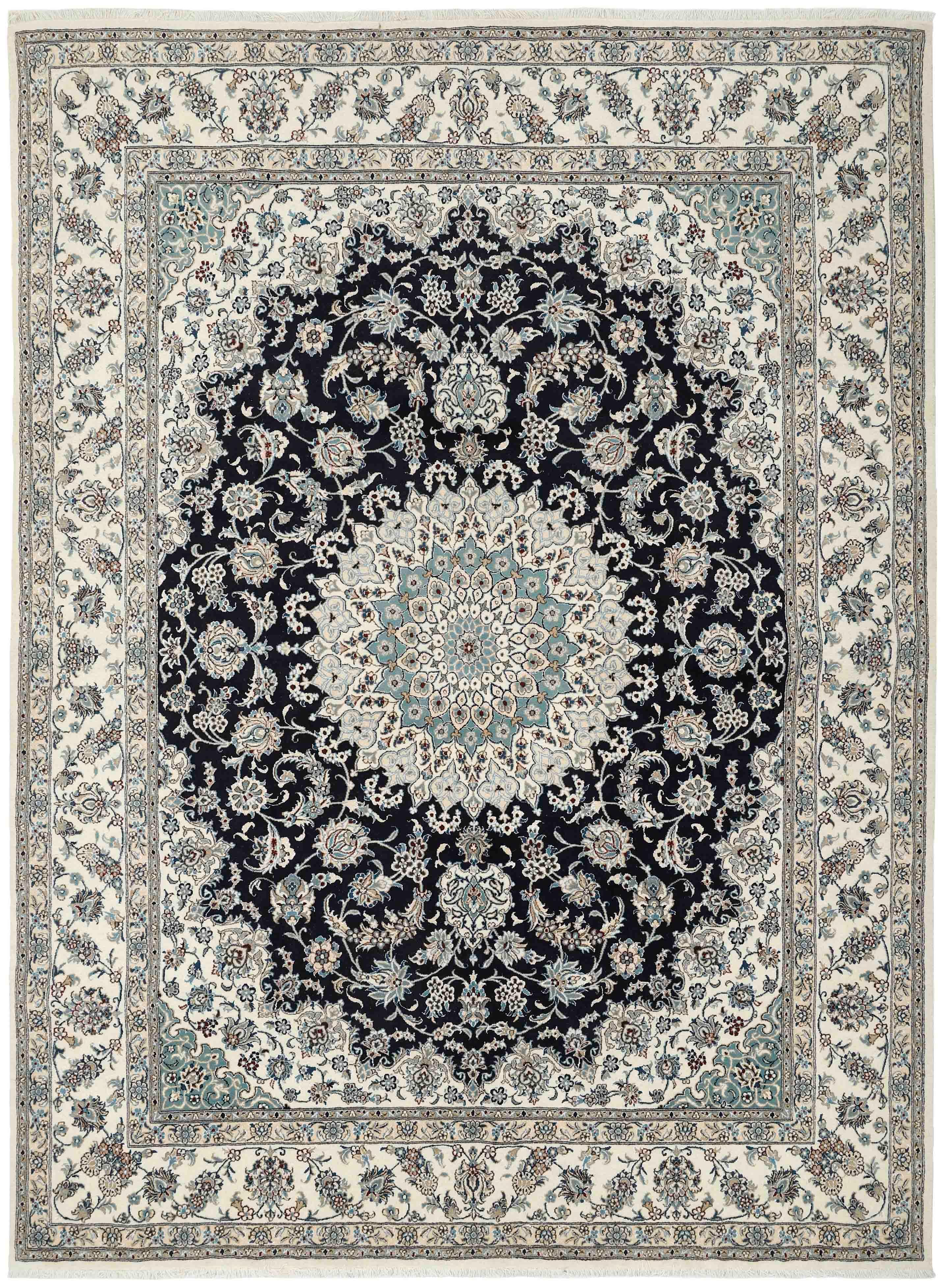 Authentic persian rug with a traditional floral design in cream, blue and black