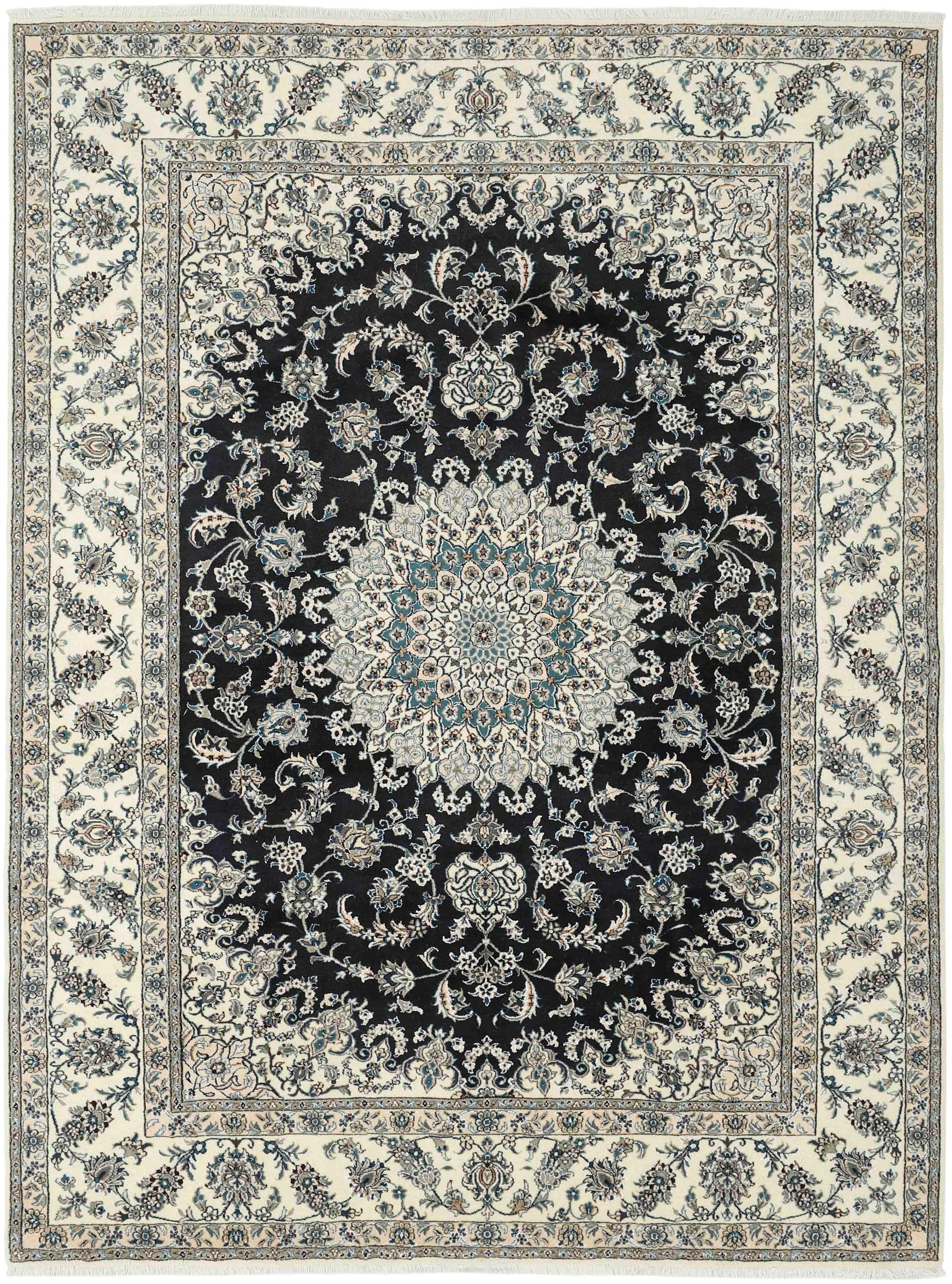 Authentic persian rug with a traditional floral design in cream, blue and black