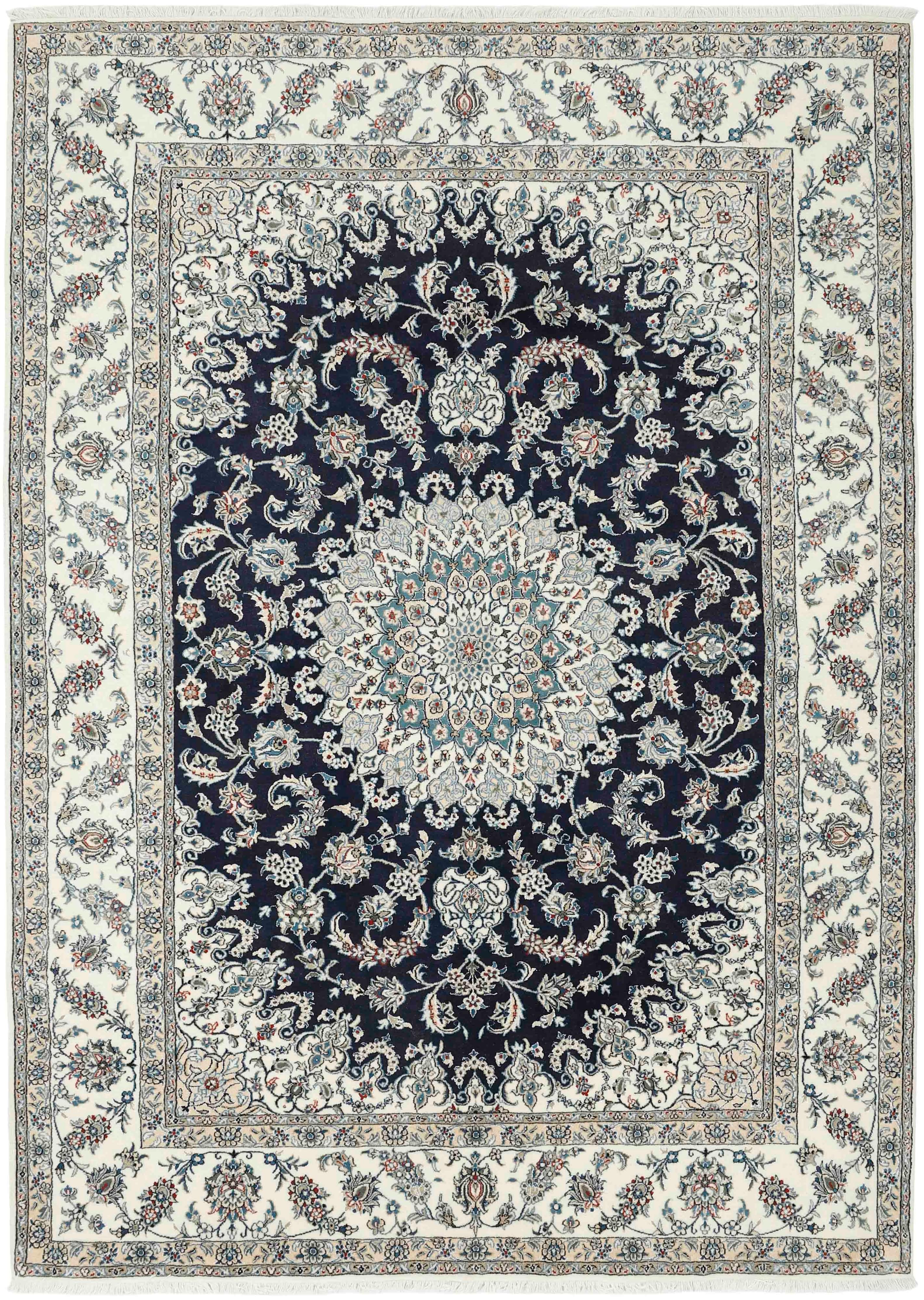 Authentic persian rug with a traditional floral design in cream, blue and black