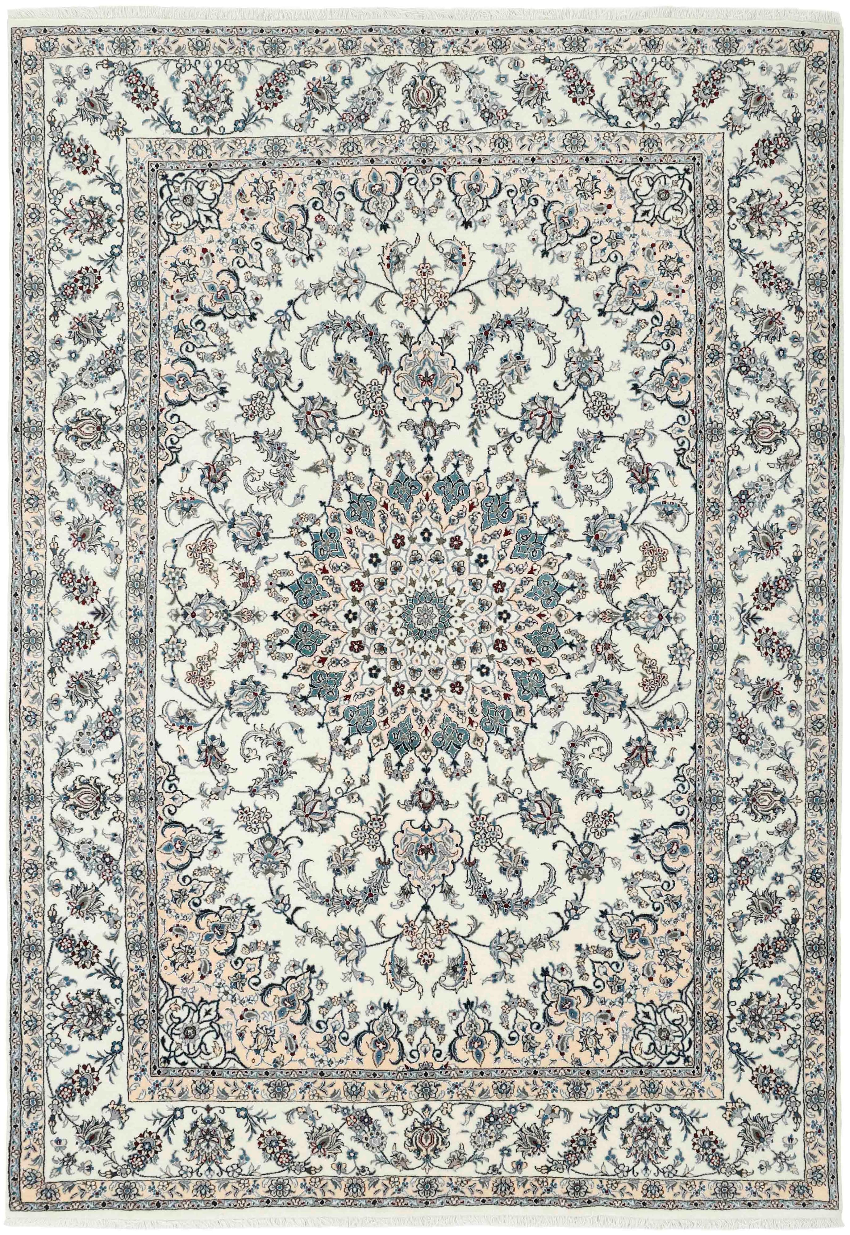 Authentic persian rug with a traditional floral design in cream and blue