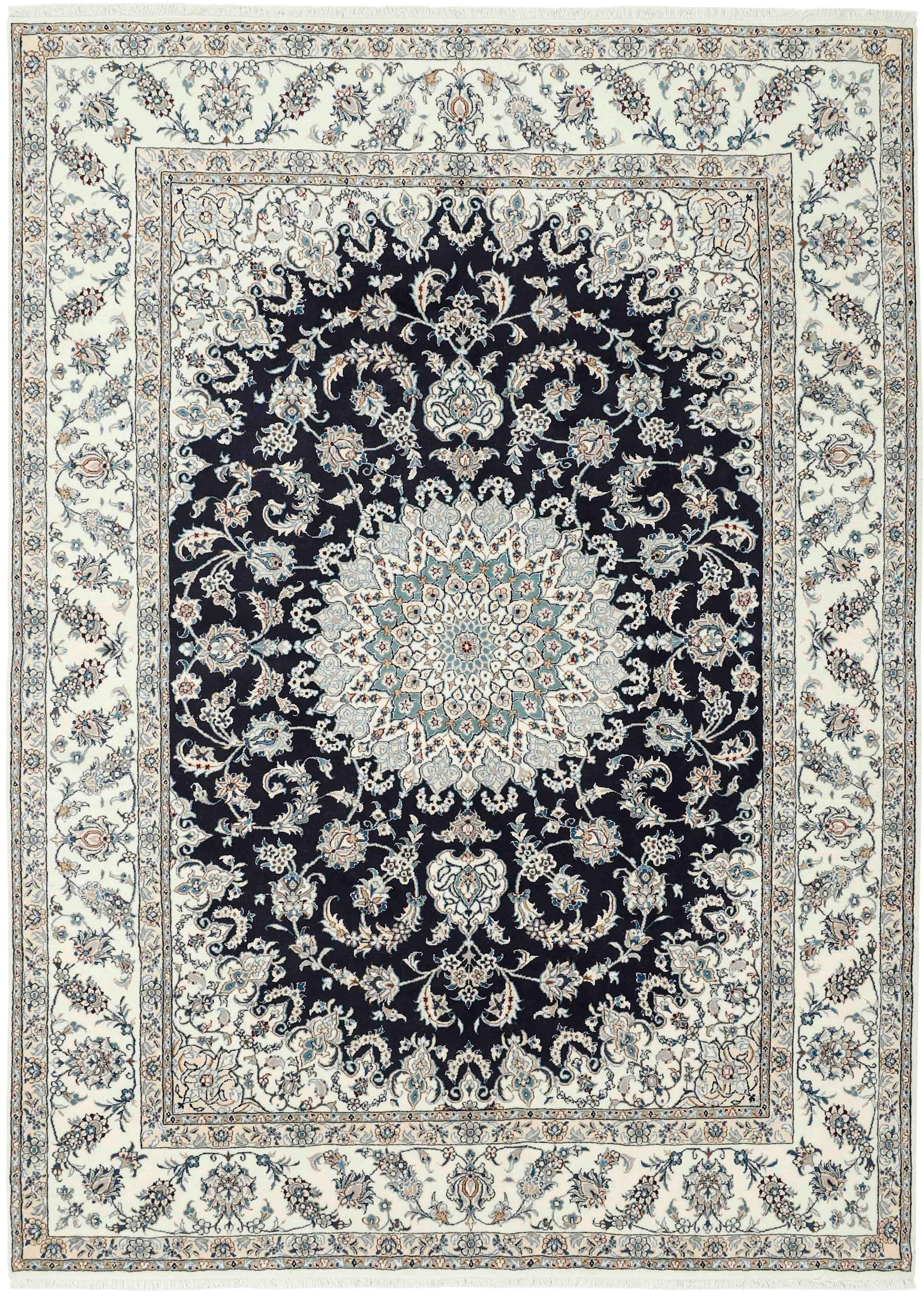 Authentic persian rug with a traditional floral design in cream, blue and black