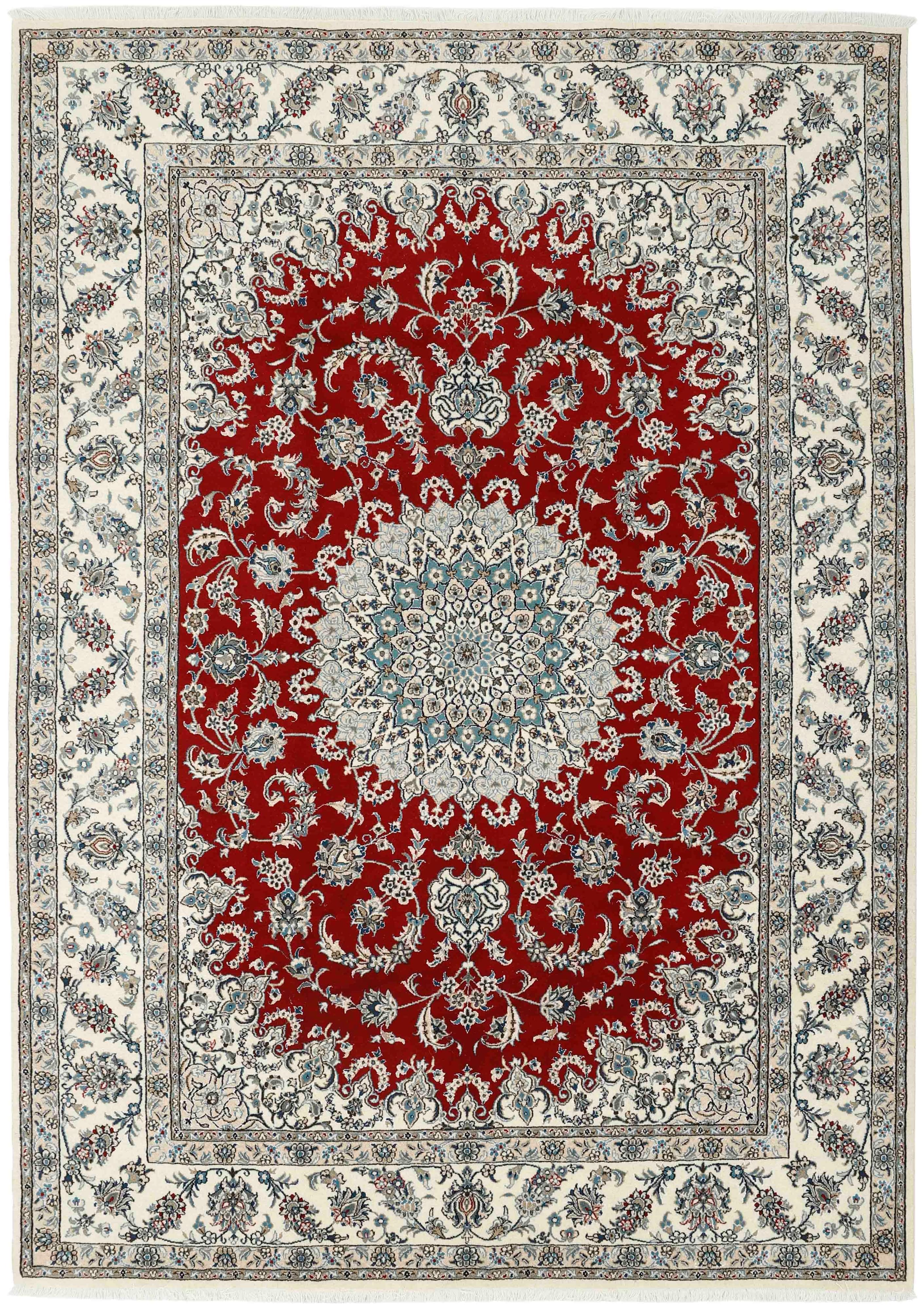 Authentic persian rug with a traditional floral design in red, cream and blue