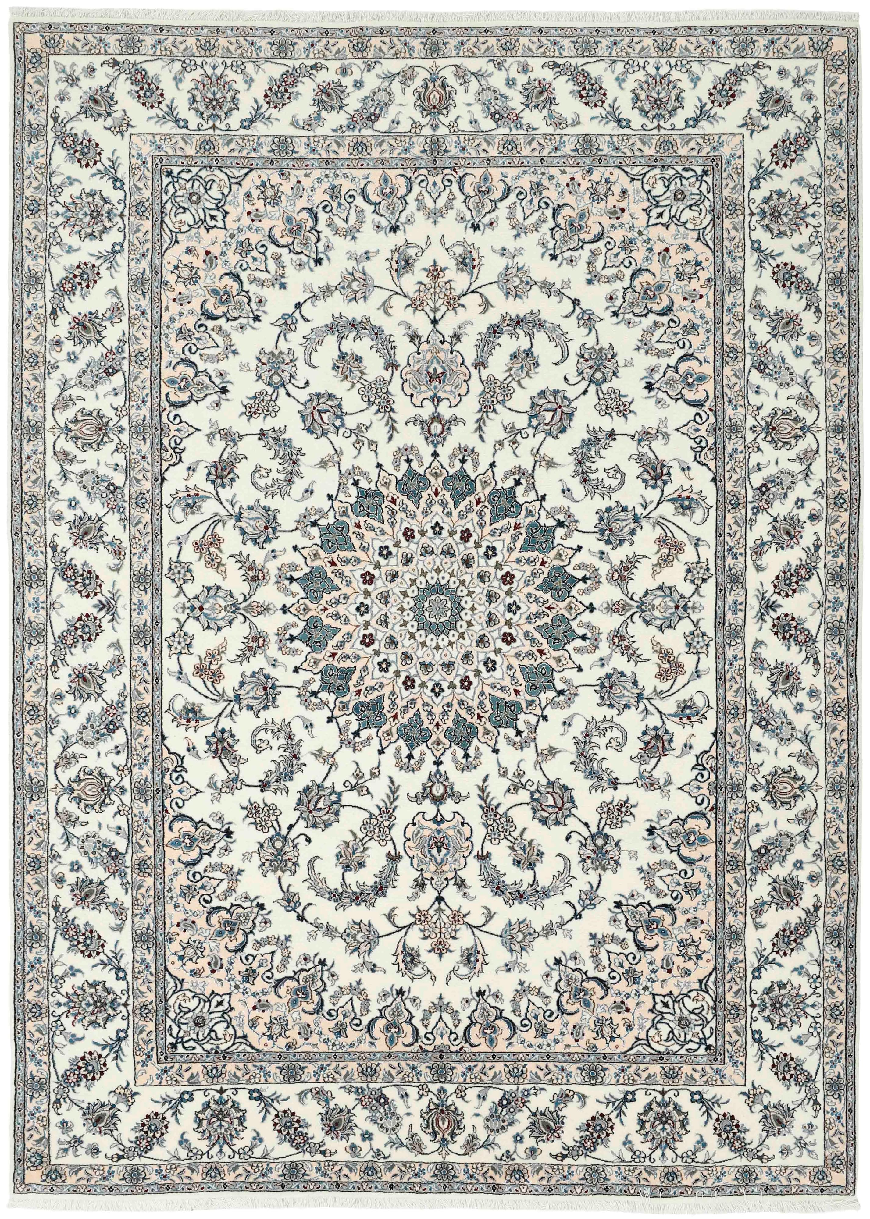 Authentic persian rug with a traditional floral design in cream and blue