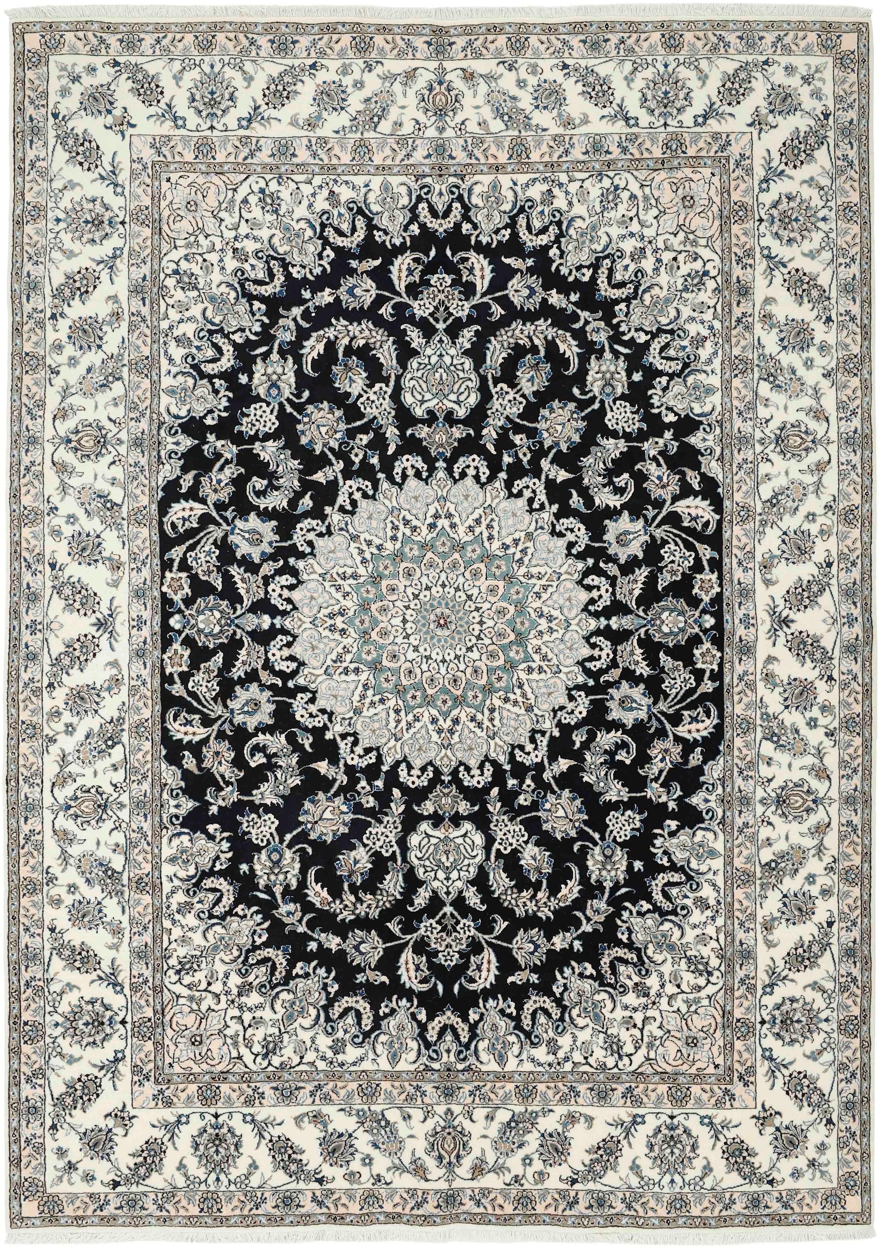 Authentic persian rug with a traditional floral design in cream, blue and black