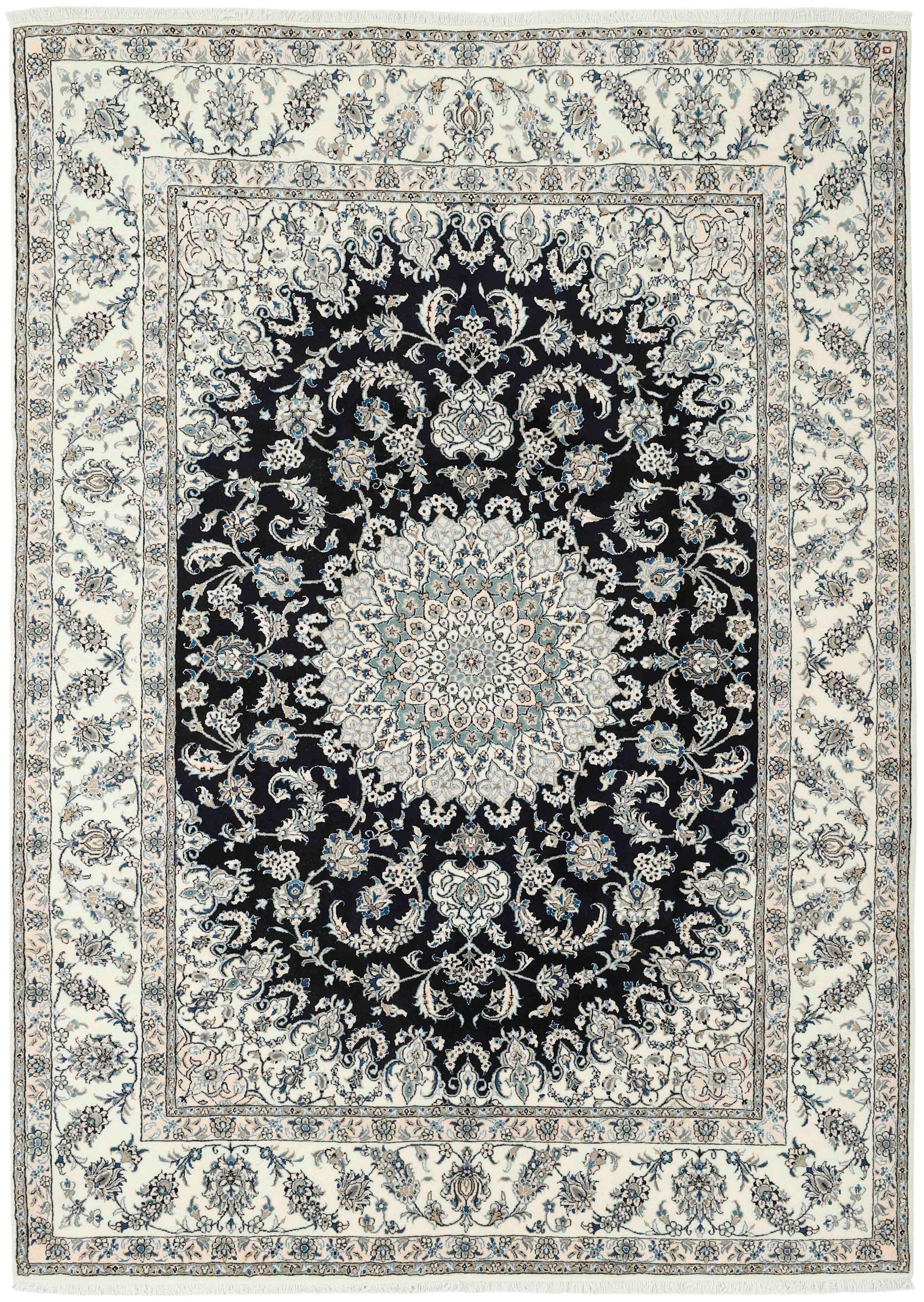 Authentic persian rug with a traditional floral design in cream, blue and black