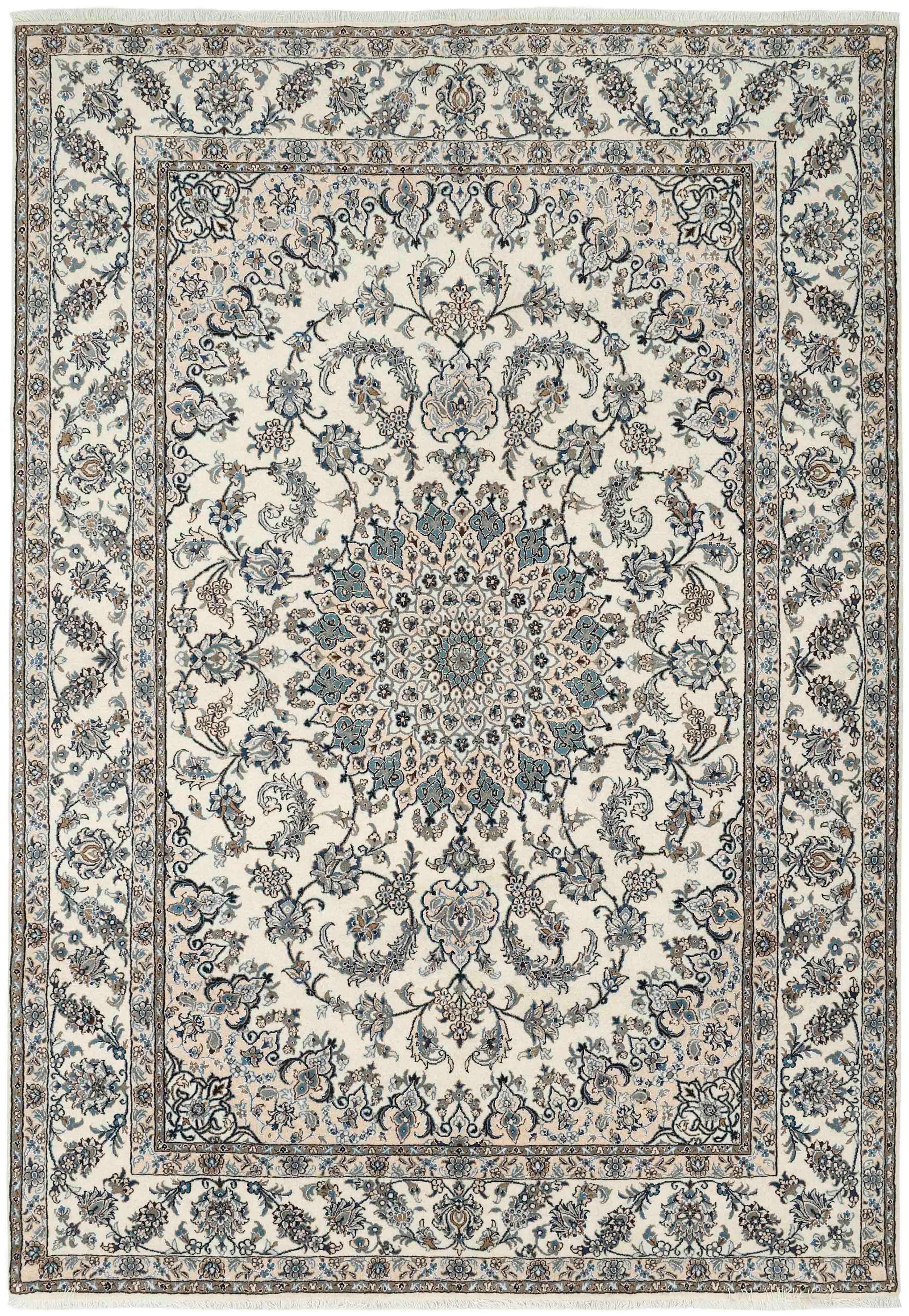 Authentic persian rug with a traditional floral design in cream and blue