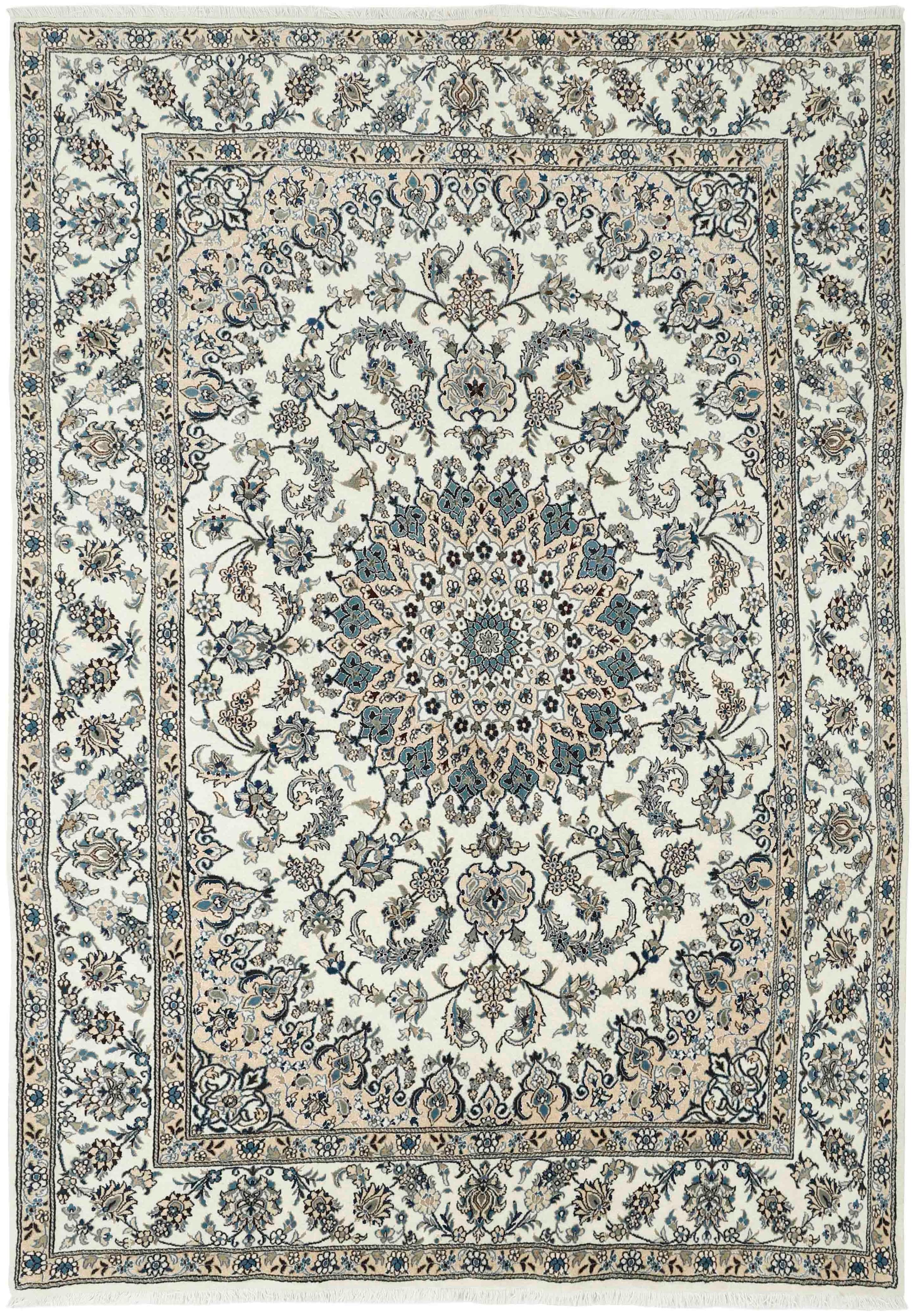 Authentic persian rug with a traditional floral design in cream and blue