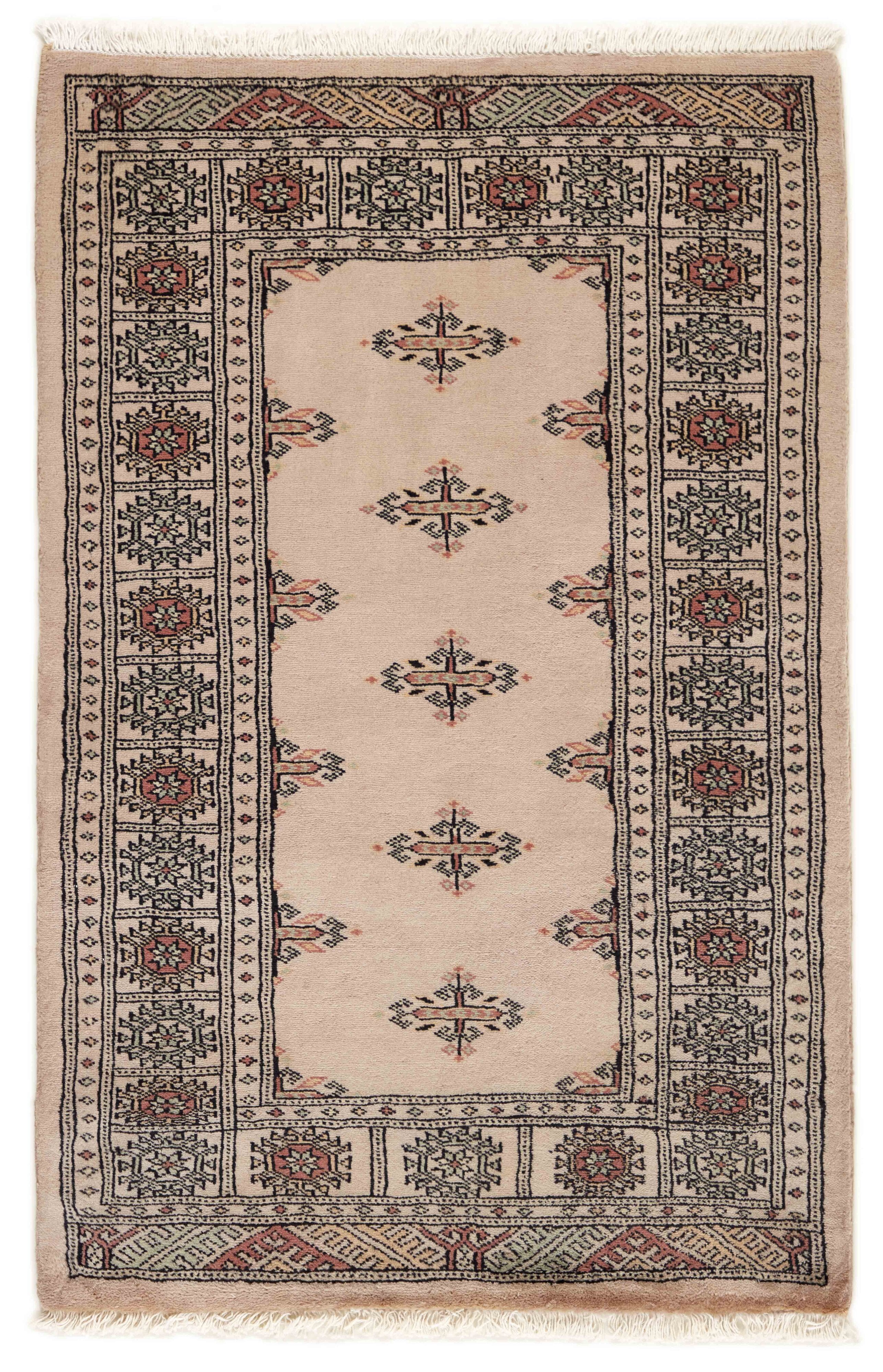 Beige Oriental rug with traditional bordered pattern