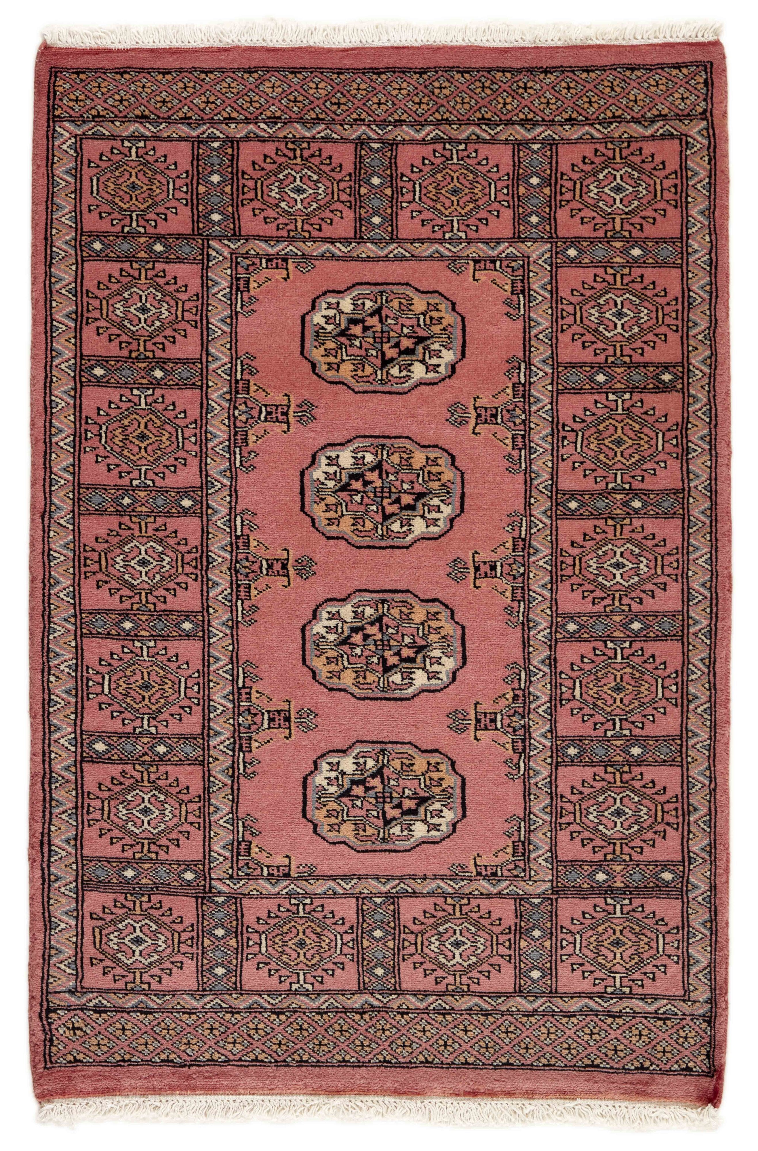 Red Oriental rug with traditional bordered pattern