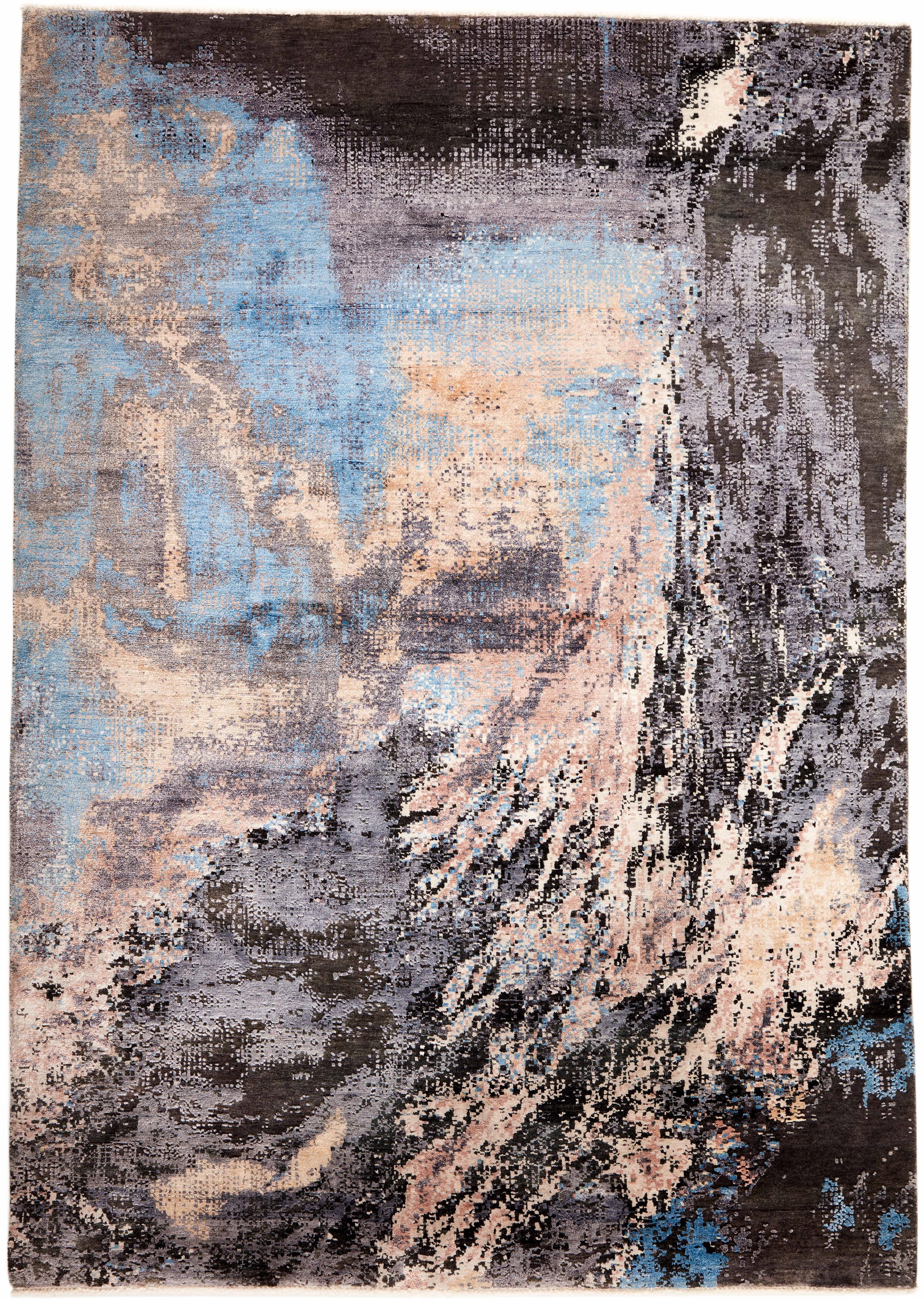 Large area rug with abstract design in grey, beige and red