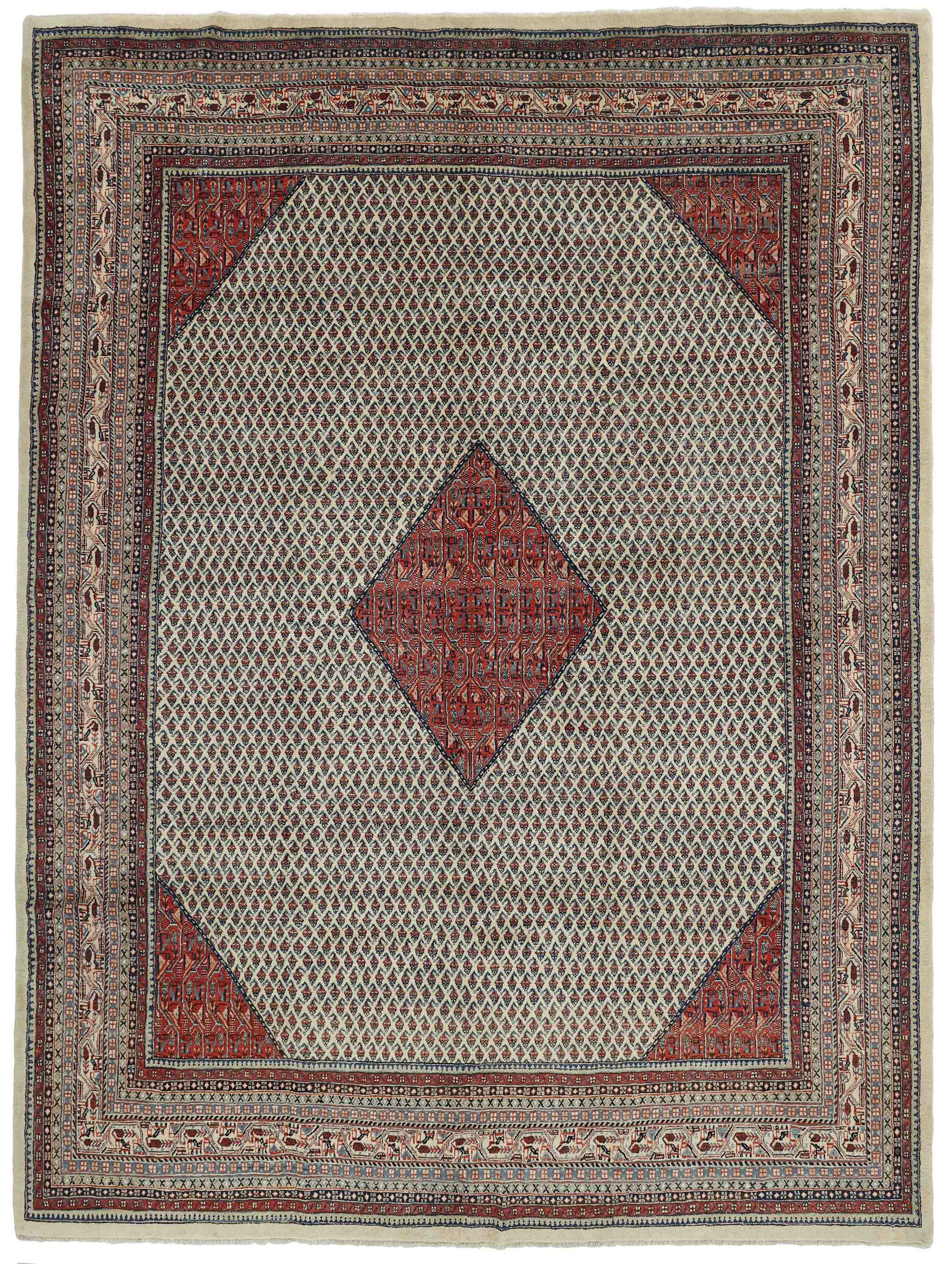 authentic persian rug with all-over traditional design in red, beige and blue