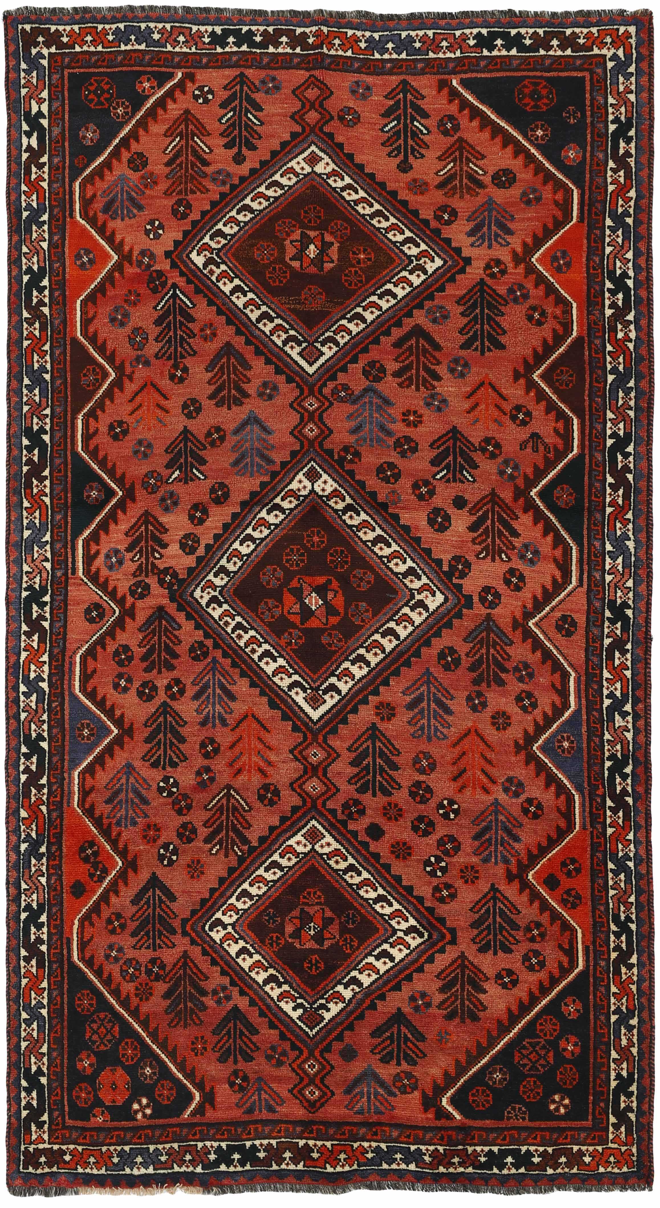 Authentic persian rug with a traditional tribal geometric pattern in red, beige and black