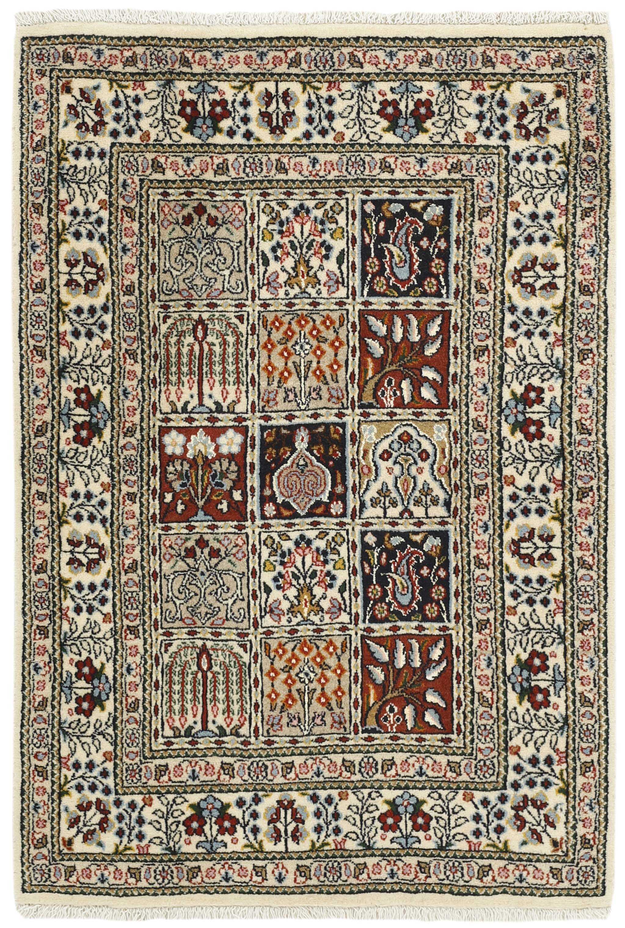 authentic persian rug with floral pattern in beige, blue and red