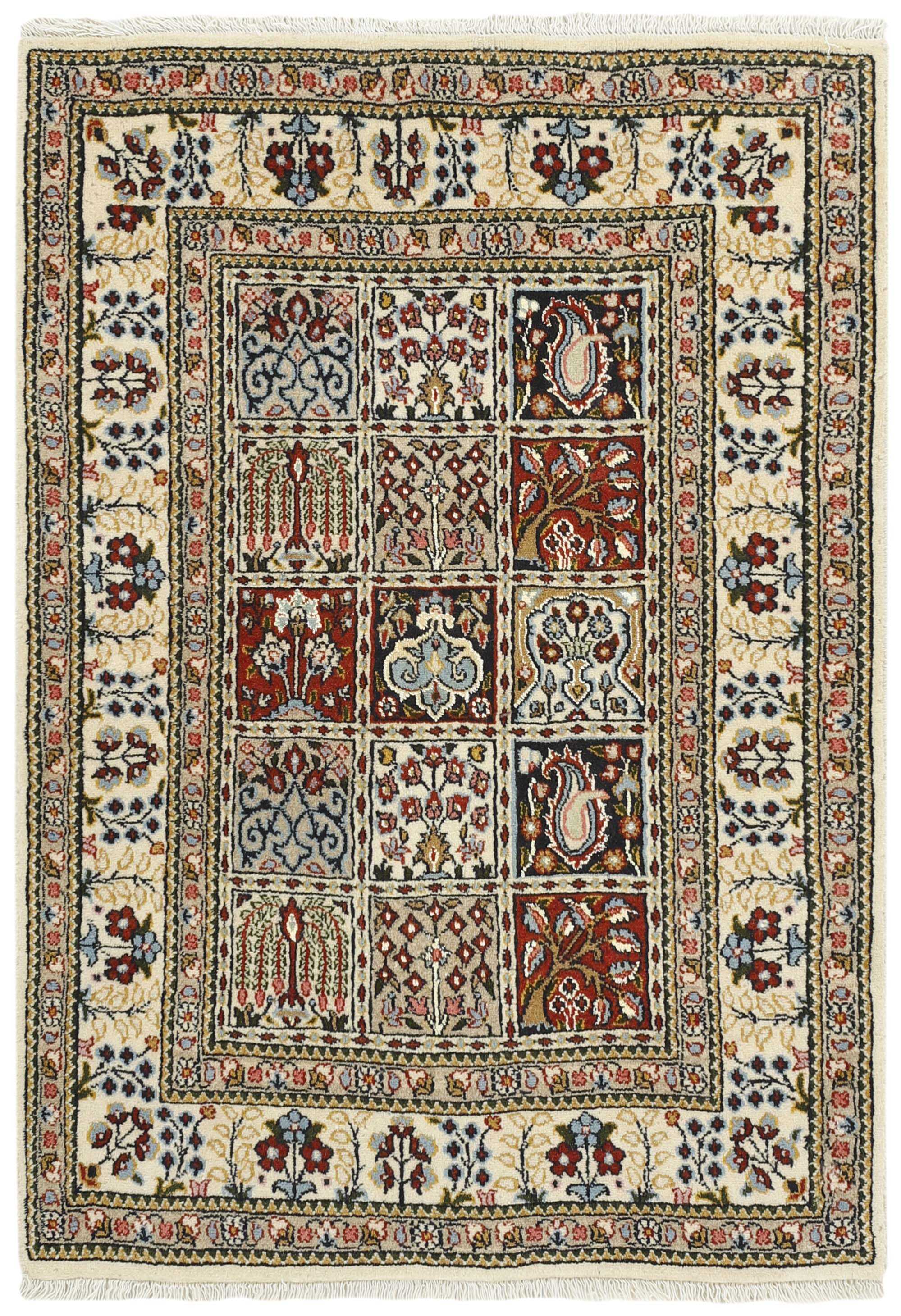 authentic persian rug with floral pattern in beige, blue and red