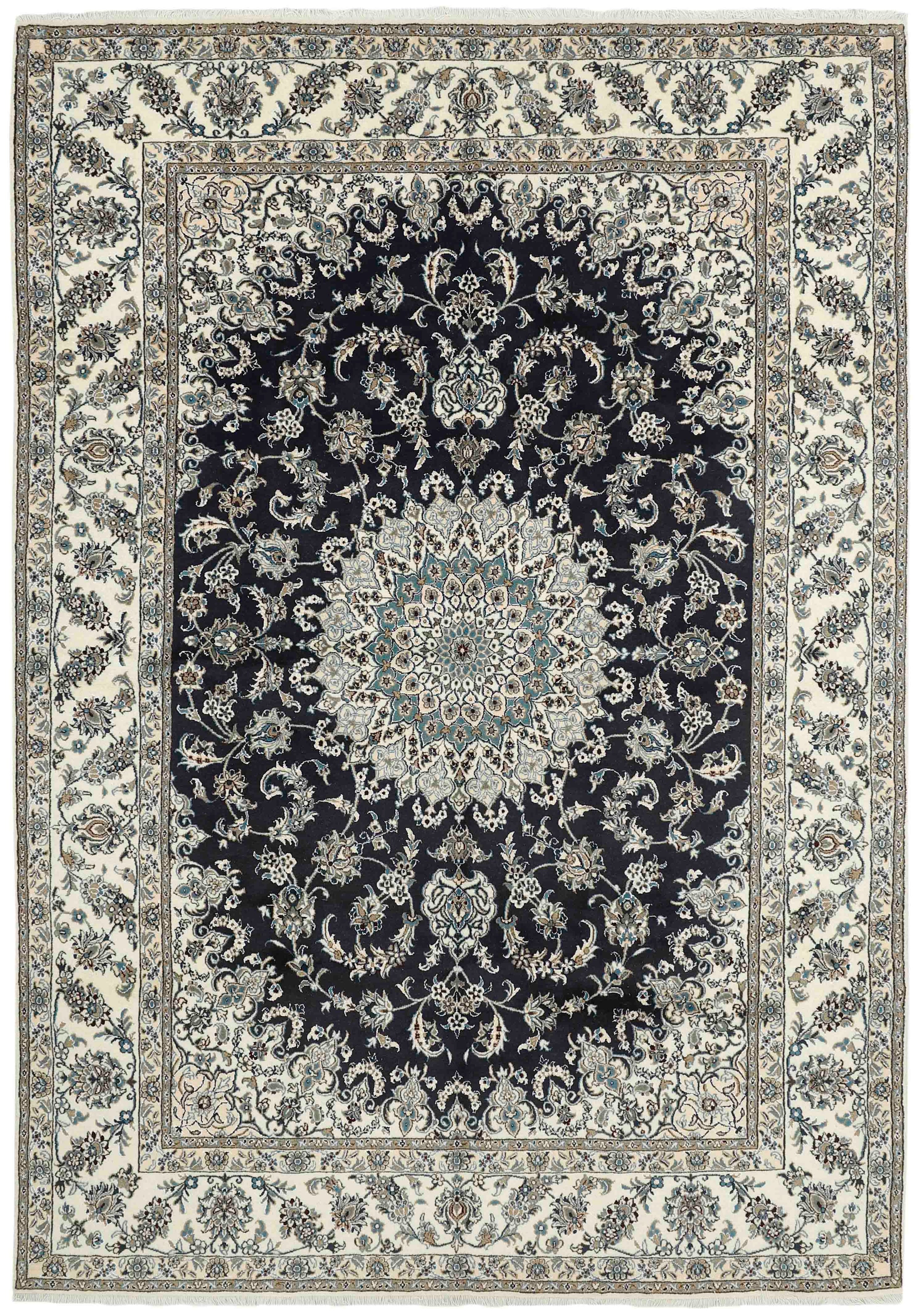 Authentic persian rug with a traditional floral design in cream, blue and black