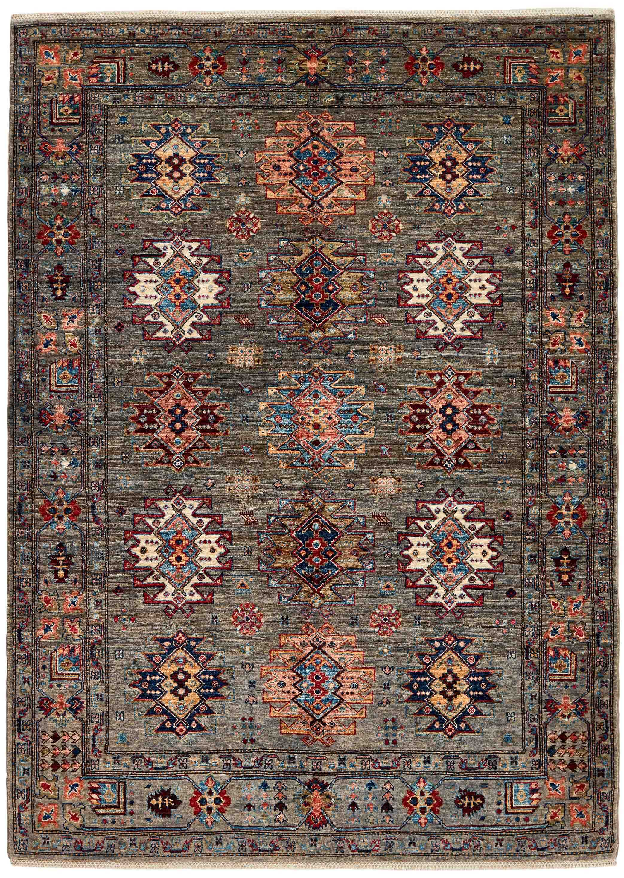 oriental rug with red, yellow, blue, green and beige floral pattern