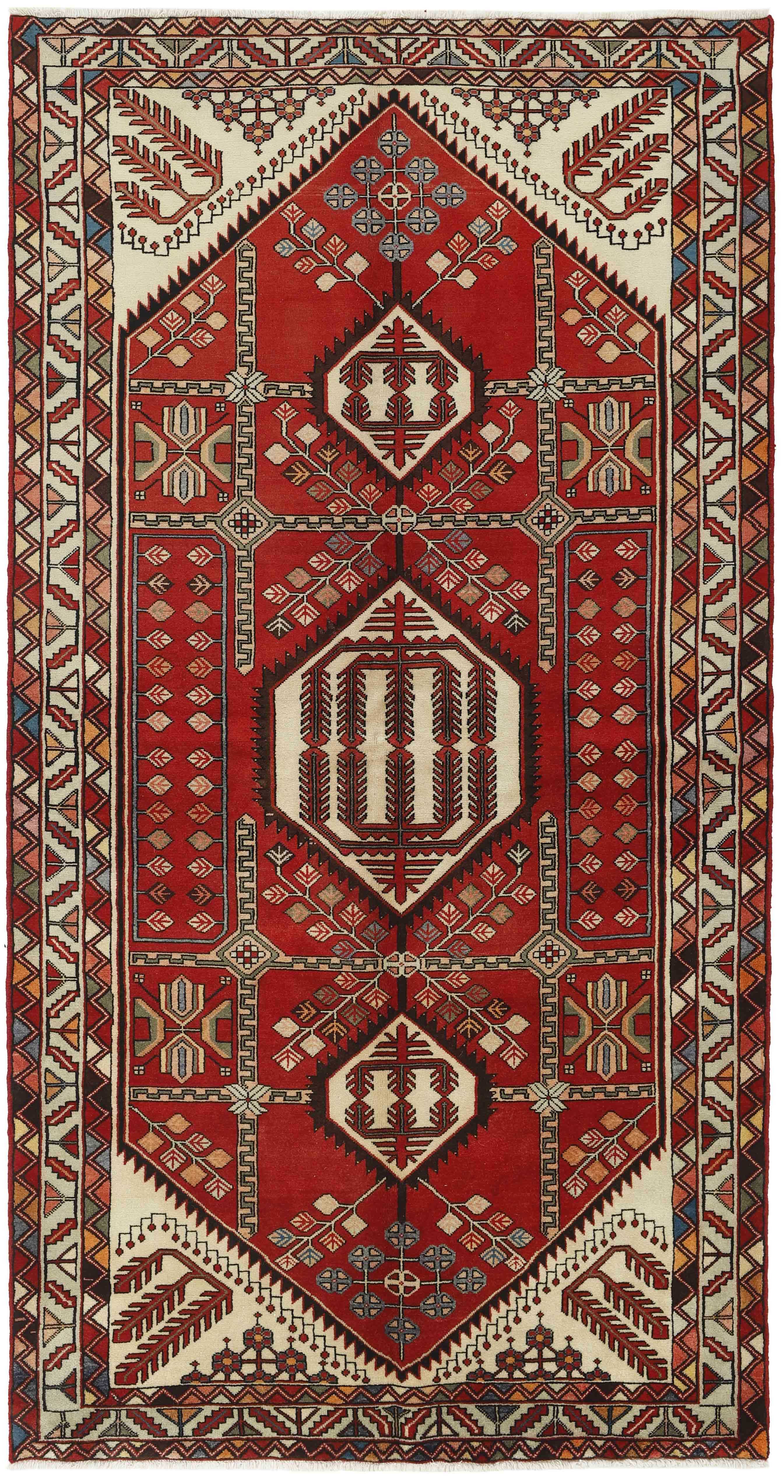 Authentic persian rug with tribal geometric design in red and black