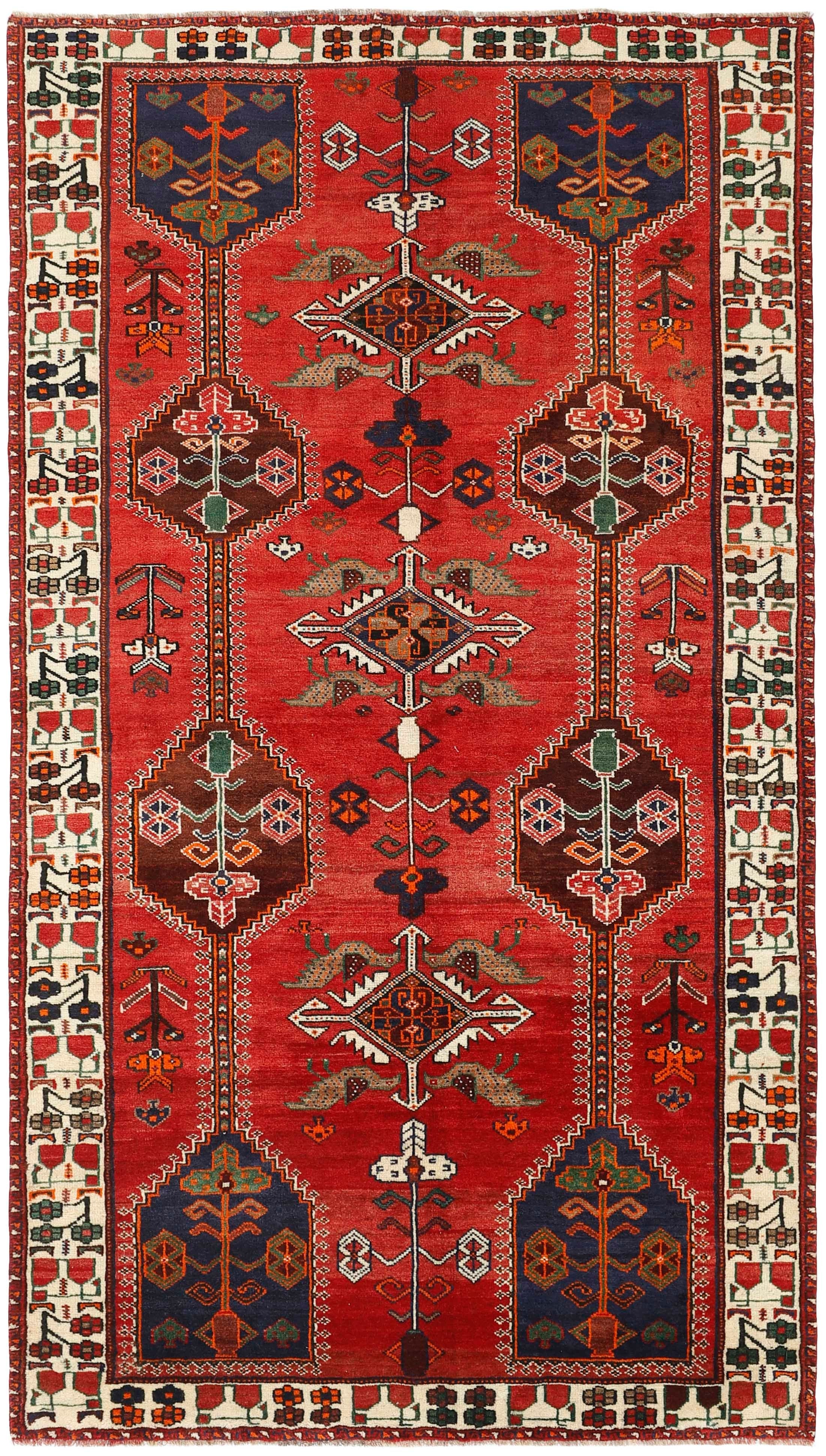 Authentic persian rug with a traditional tribal geometric pattern in red, black and ivory