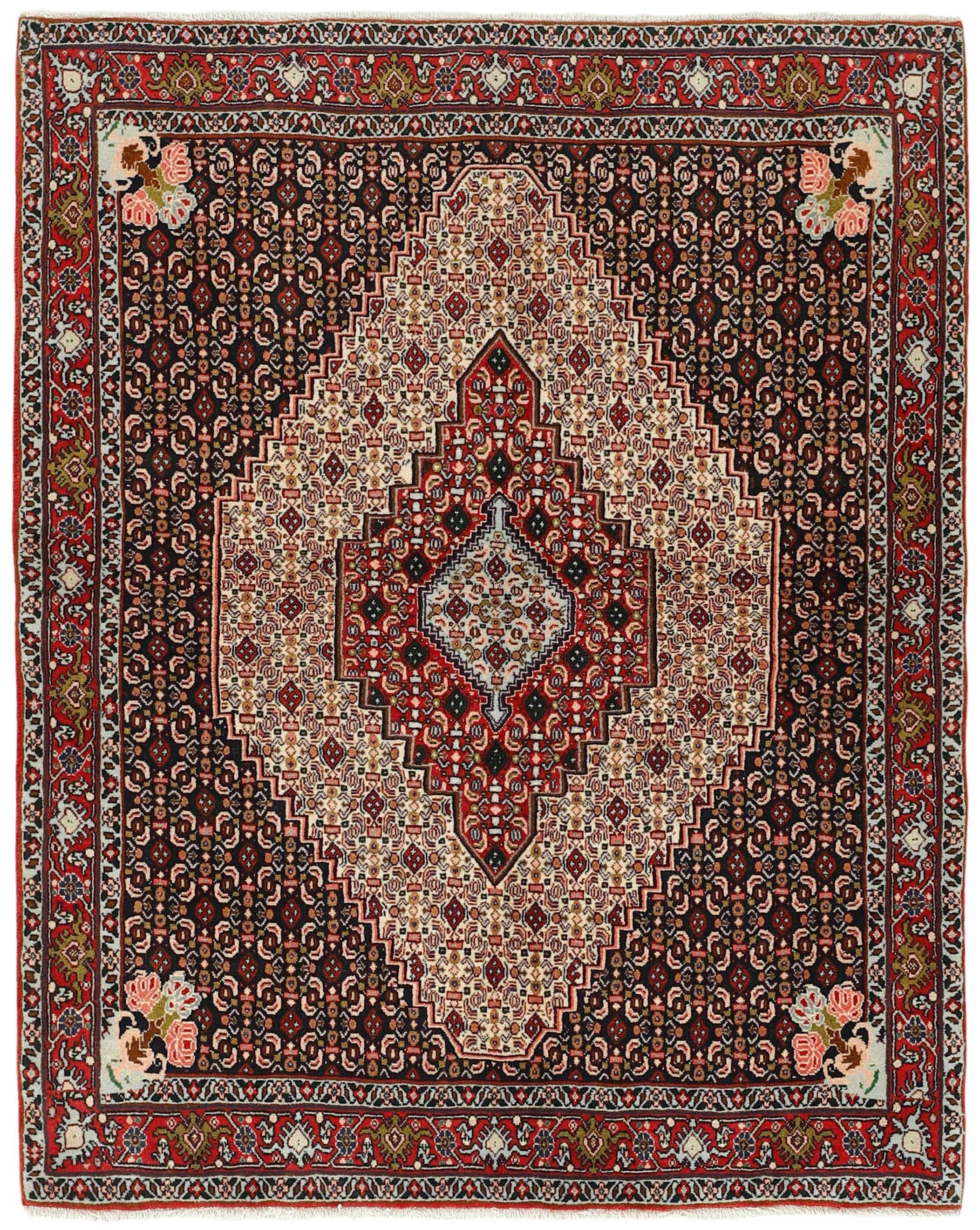 authentic persian rug with a traditional geometric design in red