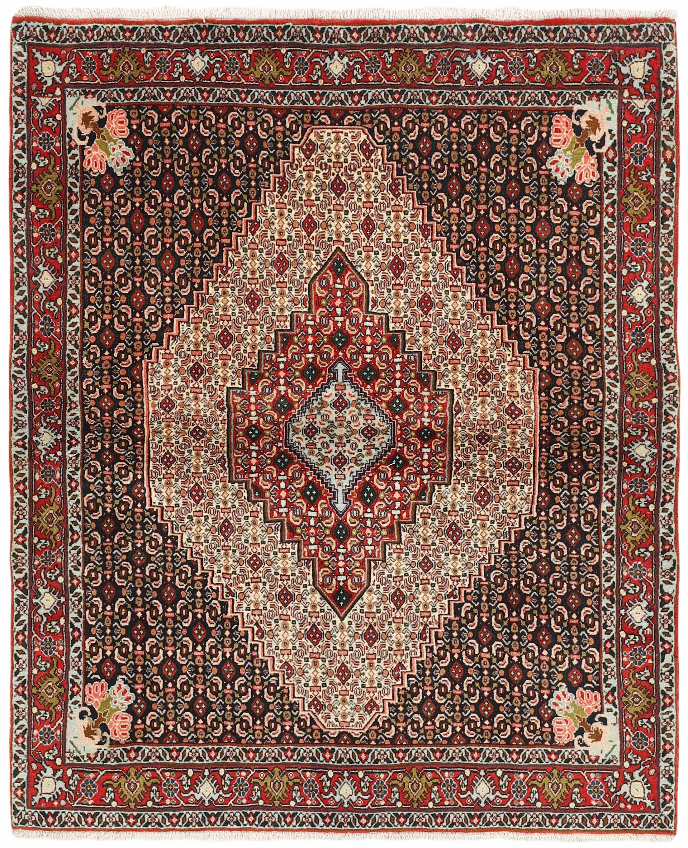 authentic persian rug with a traditional geometric design in red